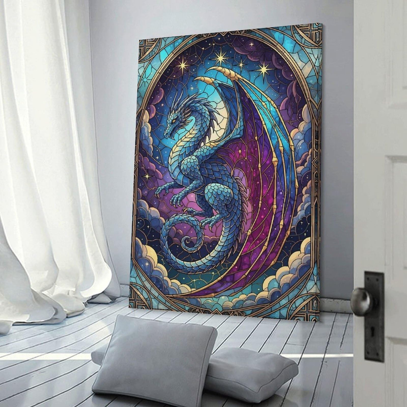 Junmoney Stained Glass Dragon Art Wall Art Print, 08x12inch(20x30cm), for Office, Study Or Home Workspace, Decorative Artwork for Productive Spaces