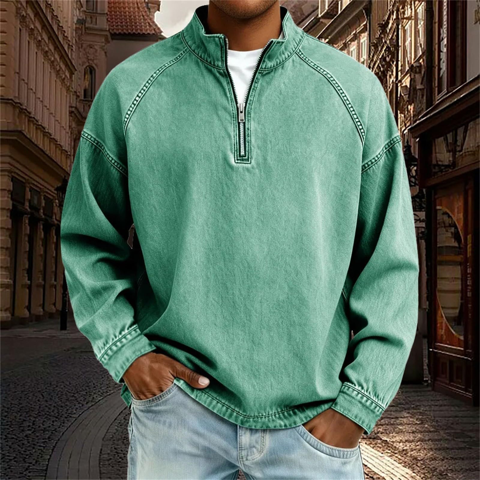 Sudadera de verano para hombre con cremallera de manga larga sudadera sin capucha para hombre de verano color liso ajuste normal solapa cremallera cómoda sudaderas deportivas frescas top