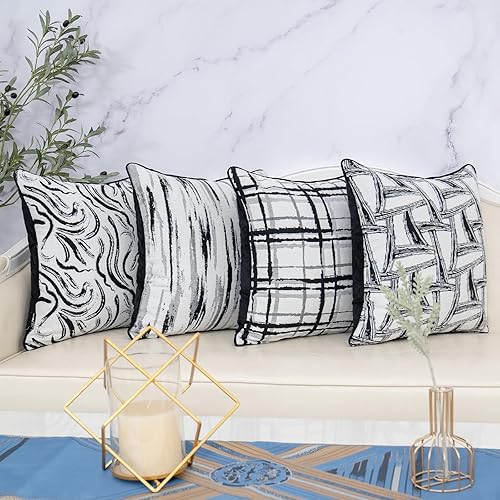 Miniatura 6 de Alerfa Funda de cojín cuadrada de chenilla jacquard, a rayas, geométrica, color blanco y negro, de 20 x 20 pulgadas, funda de almohada decorativa