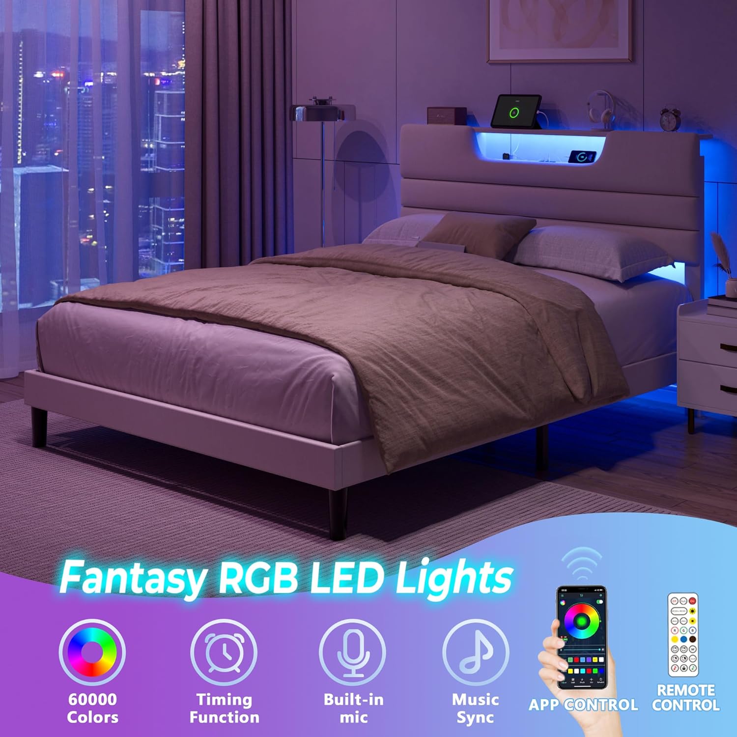 Queen Bed Frame with Charging Station and LED Light, Upholstered Bed Frame Queen Size with Headboard, Wood Bedframe No Box Spring Needed, Easy Assembly, Beige - Image 3