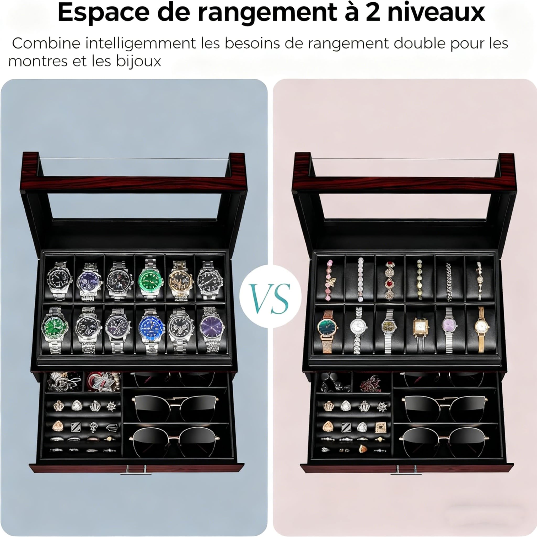 ANWBROAD Boite a Montre Homme 12 Emplacements Couches de Peinture avec Couvercle en Verre Boite a Bijoux Homme Coffret Doublure en Similicuir Cadeaux Luxueux pour Hommes et Femmes JWB005Y