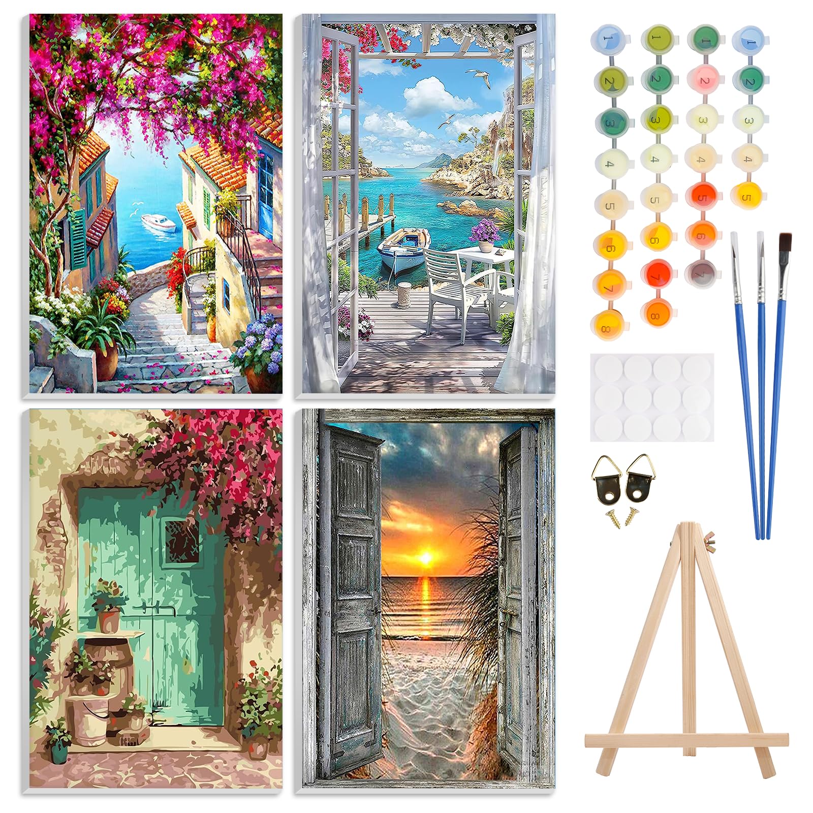 GHHKUD Pintar por Numeros Adultos, Pack 4 Kit de Pintura por Números, con Pinceles, Pigmento Acrílico, Pintura de Dibujo DIY, Paisajes Paint by Numbers Kits 20X30CM, Flower Town