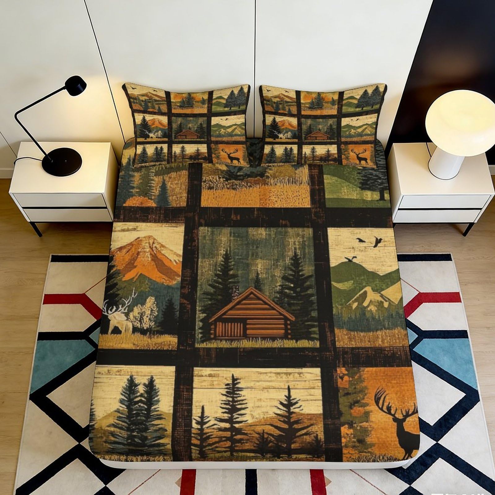 3D Printed Rustic Cabin Fitted Sheet Microfiber Soft Durable Forest Deer Bed Cover for Bedroom Dormitory Guest Room Mattress Protection 200x200x25cm