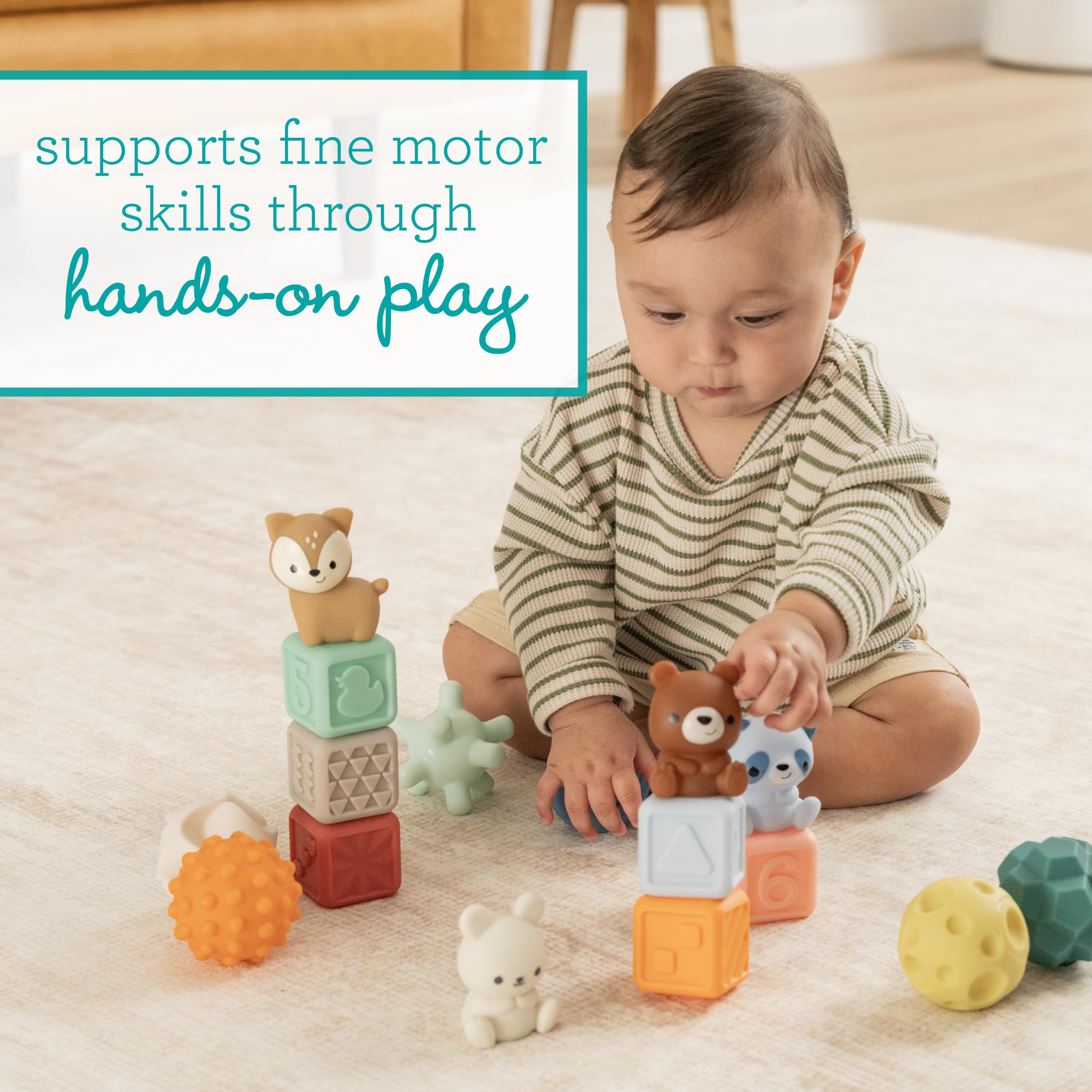 Infantino Woodland Pelotas, Bloques y Amigos, Set Sensorial para Bebés de 16 Piezas, Bloques Apilables Suaves con Figuras de Animales, Pelotas Sensoriales Texturizadas para Bebés de 6 a 18 Meses