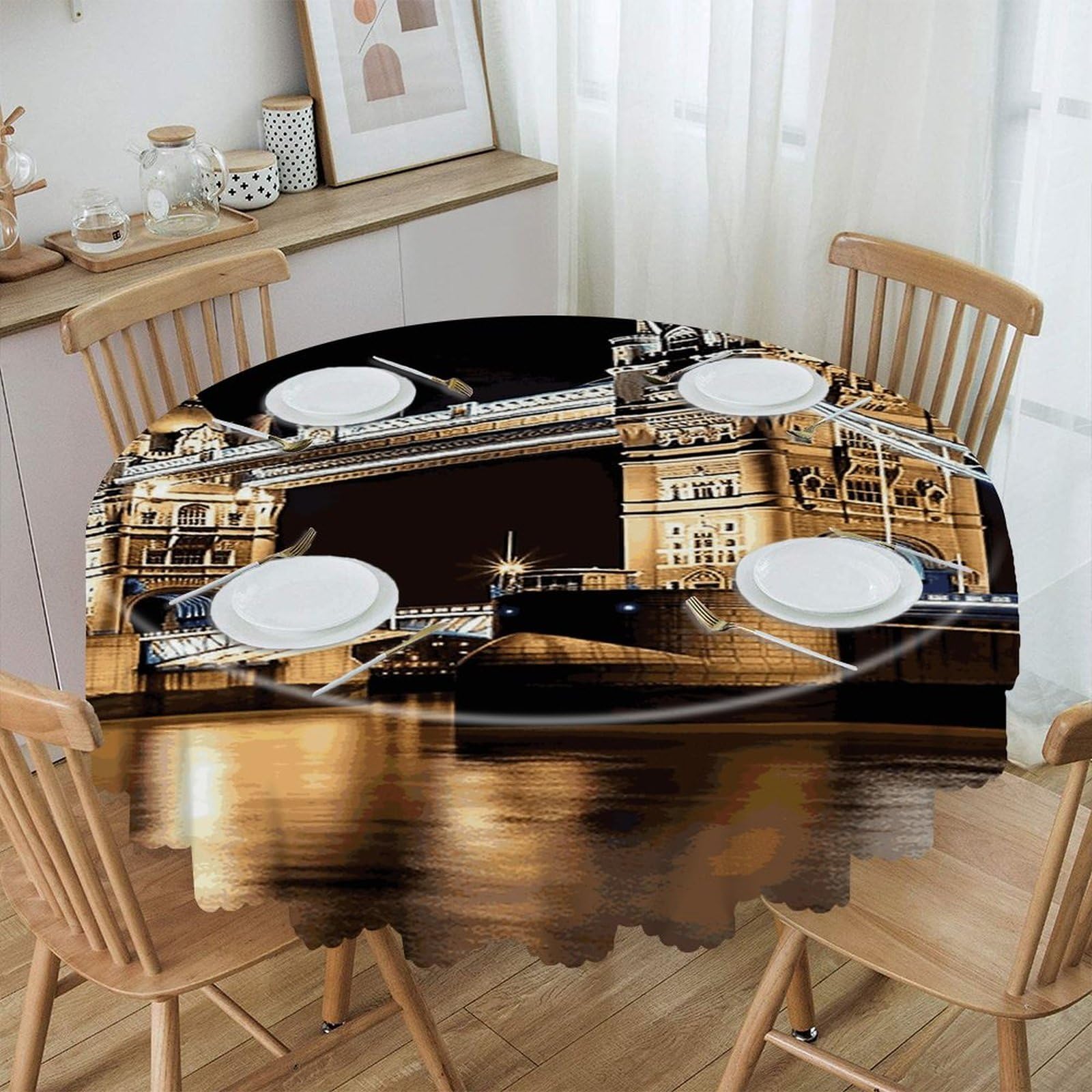 FekiLoot Night London Tower Bridge Round Tablecloths 60 Inch Resistant Washable Polyester Table Cloth Style Decorative Circle Fabric Table Cover for Dining Kitchen Party Farmhouse Outdoor