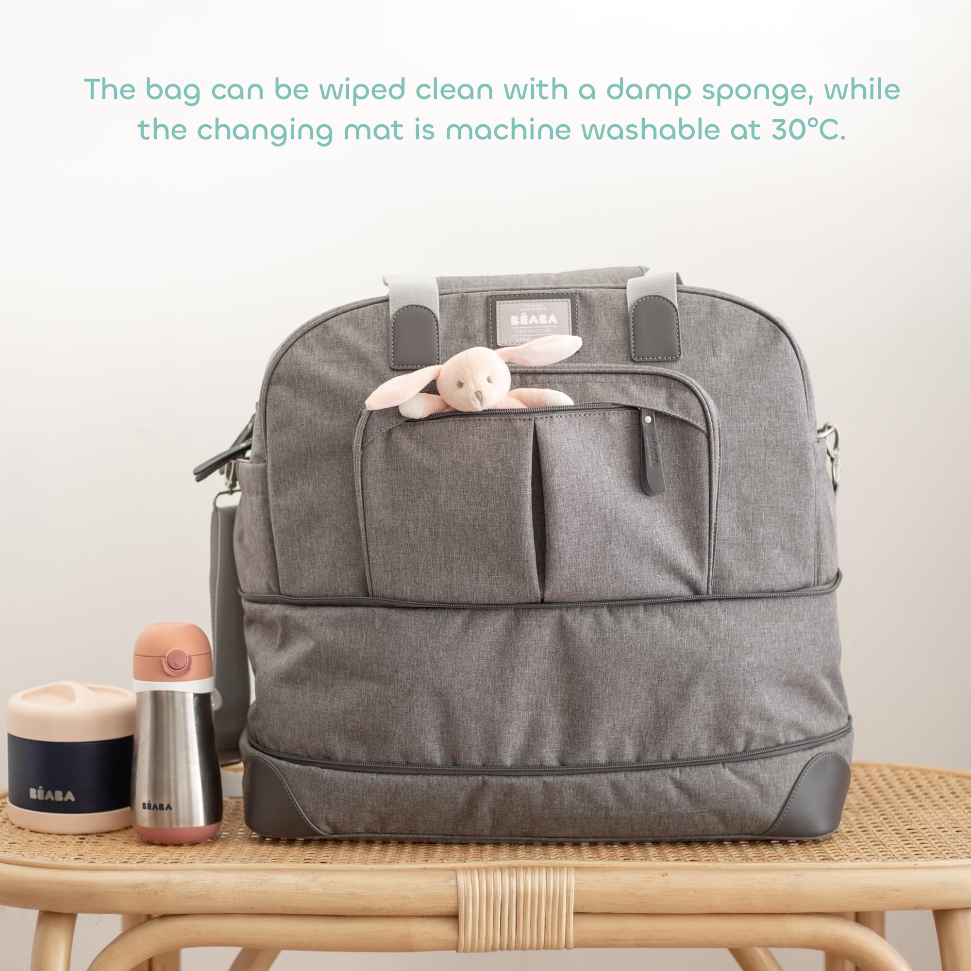 BÉABA, Sac à Langer Amsterdam II, Sac Voyage XXL 50L, Bandoulières Amovibles, Trousse de Toilettes, Matelas à Langer, Sac à Linge Sale, Multiples rangements, Gris Chiné