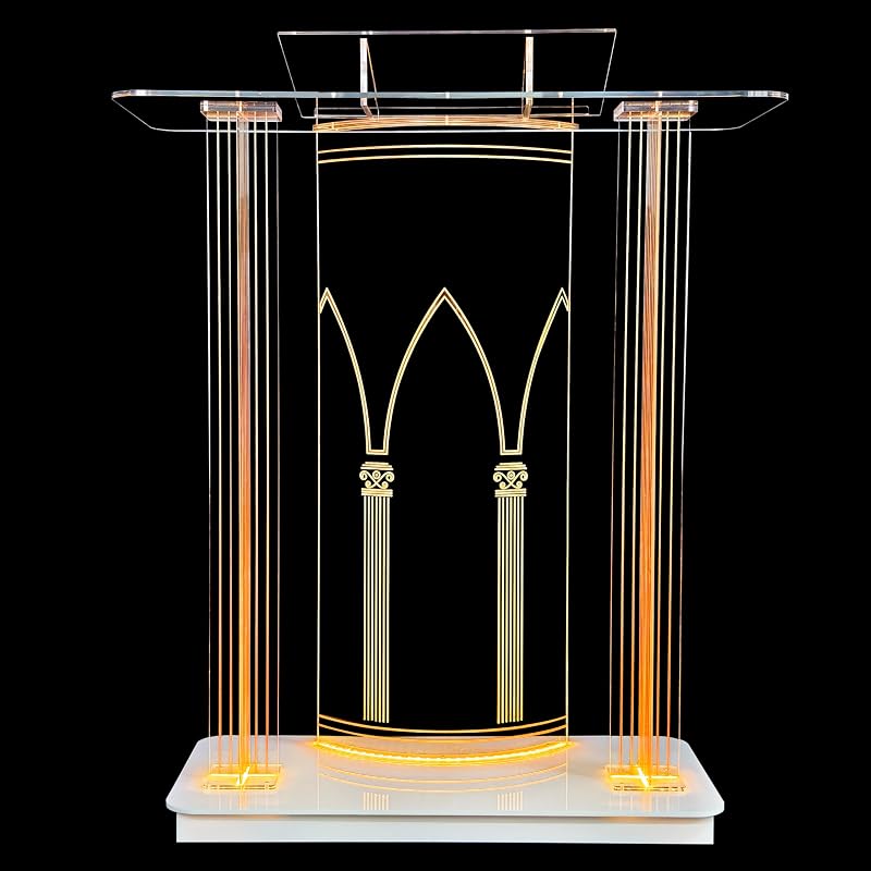 46.5" Large Clear Acrylic Podium with 4 Wheels, 10MM Plexiglass Pulpit for Churches with LED Light, Pulpitos para Iglesias with Storage Shelf, Church Pulpit Stand for Office School (with Wheels)