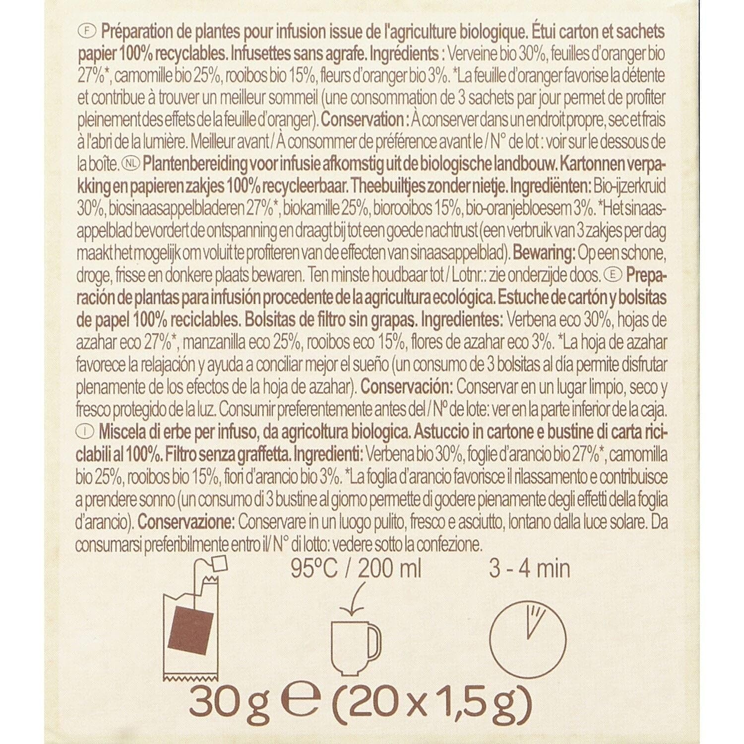 Retrouvez un sommeil apaisant avec CARREFOUR BIO Infusion Sommeil Verveine Oranger Camomille, format x20 en box - Lot de 4