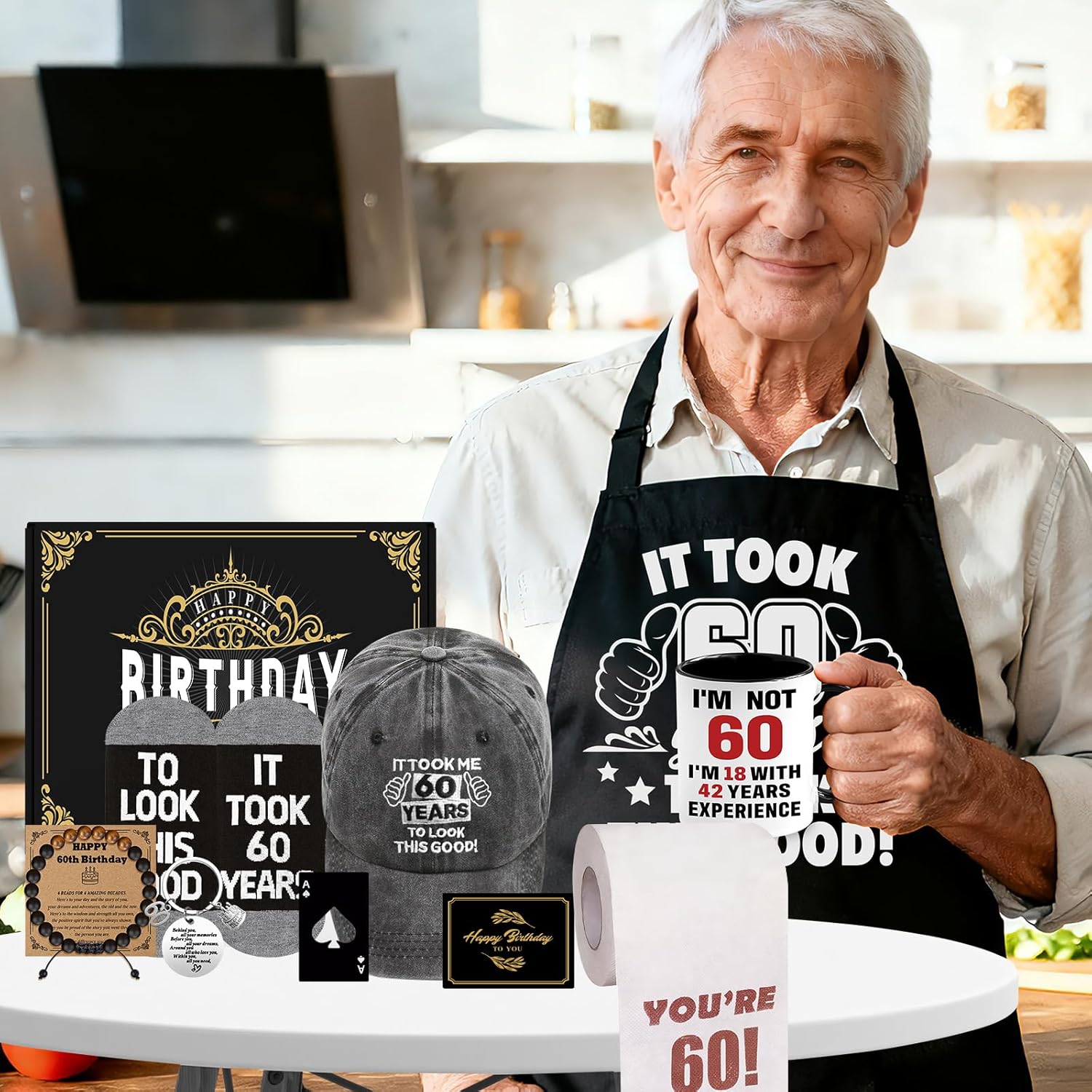 60th Birthday Gifts for Men Coffee Mug Set, 60th Birthday Party Supplies, Turning 60 Gift with 11 Oz Ceramic Cup Baseball Cap Apron Sock Bracelet Toilet Paper Keychain for Him, Dad, Husband, Friends - Image 2