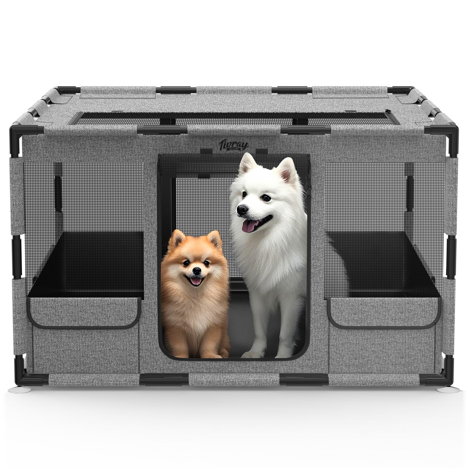 Dog Playpen, 43"x43"x26" Portable Puppy Playpen with Cover & Gate, Foldable Pet Pen Indoor Outdoor Dog Fence, Tear Resistant Breathable Mesh, Waterproof Bottom, for Small Medium Dogs, Gray Black ( USED)