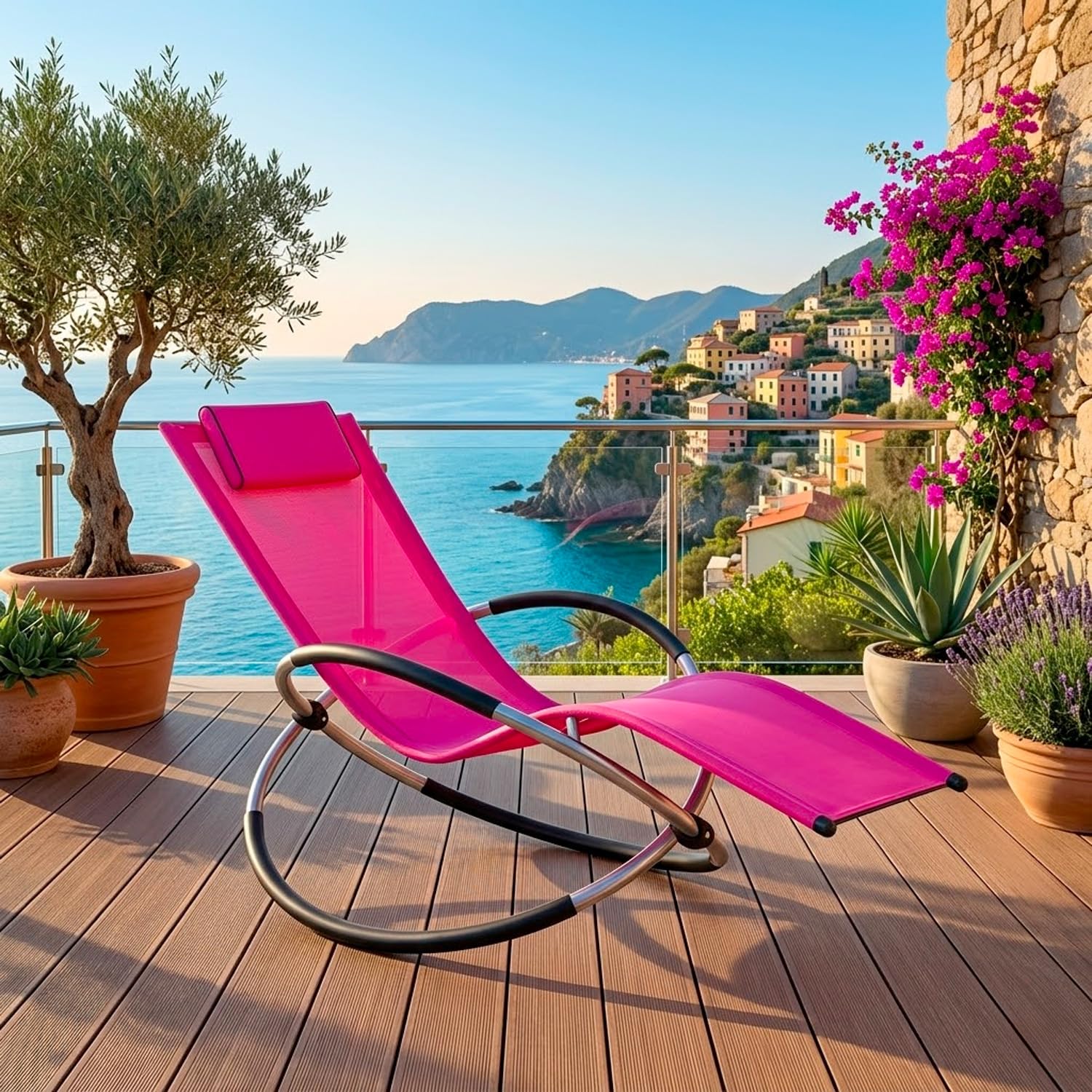 Poltrona Basculante Sdraio A Dondolo Da Giardino Con Poggiatesta Removibile In Textilene Traspirante Telaio In Metallo Ergonomica Relax Piscina Terrazzo Outdoor 73 x 150 x 93 Cm Fuxia