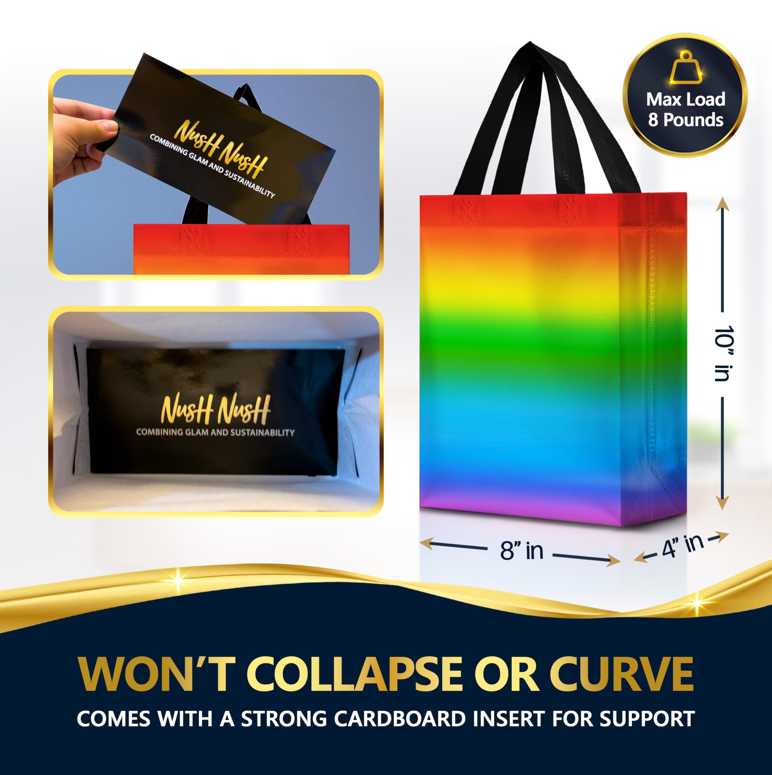 Nush Nush Holographic Rainbow Gift Bags Medium Size– Set of 12 Colorful, Reusable Rainbow Gift Bags with Handles - Ideal Goodie Bag for Birthday Party, Kids Party, Sleepover, Pride Events - 8x4x10