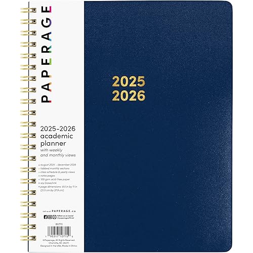 PAPERAGE 17 Month Academic Planner 2025-2026, Weekly & Monthly Spreads, August 2025 - December 2026, Large (8.5 in x 11 in), Royal Blue