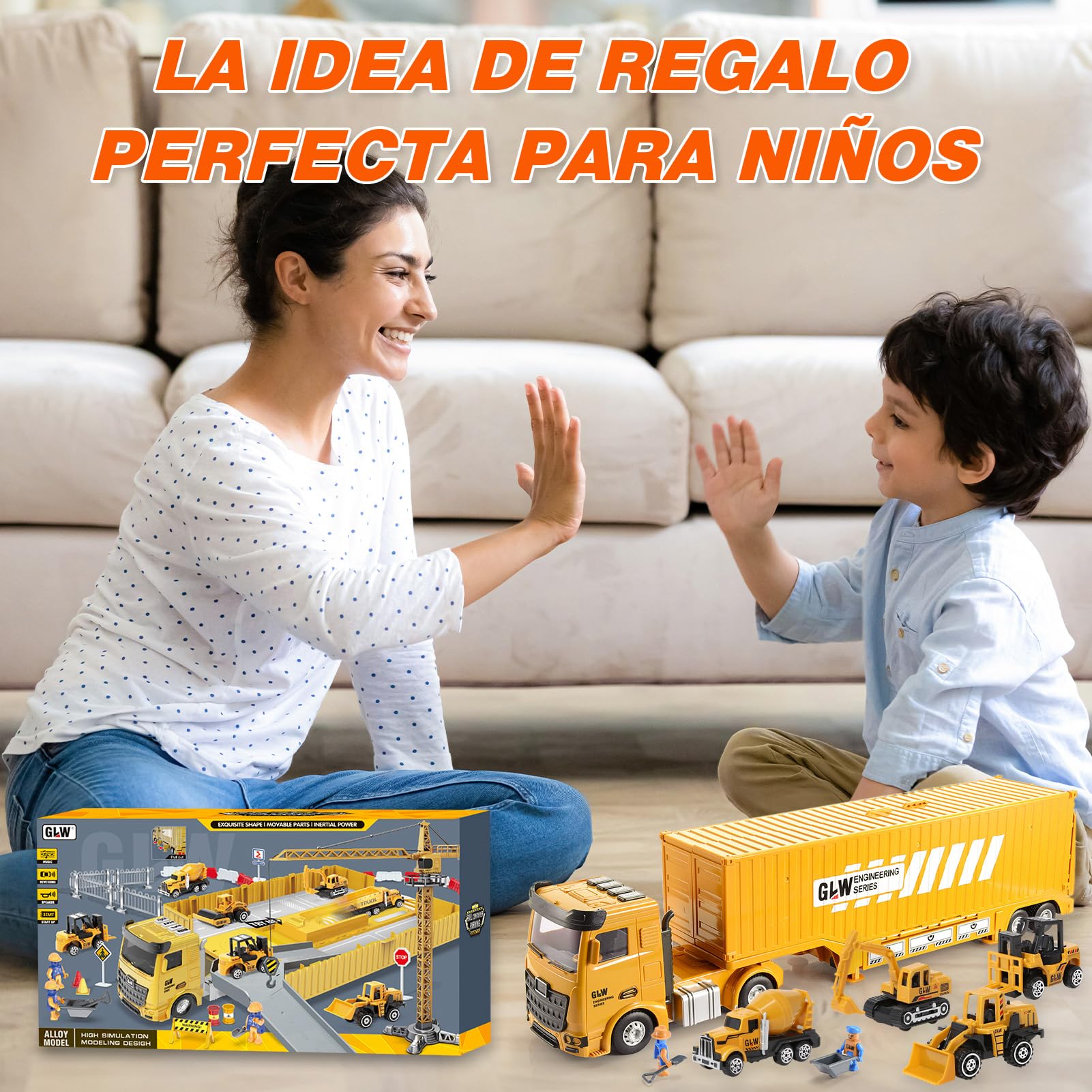 Juguetes para Niños 3 4 5 6 7 Años: Camión de Construcción con Luces y Sonidos Incluye Grúa Excavadora Hormigonera Apisonadora Bulldózer y Carretilla Elevadora, Regalo para Niños de 3 a 7 Años