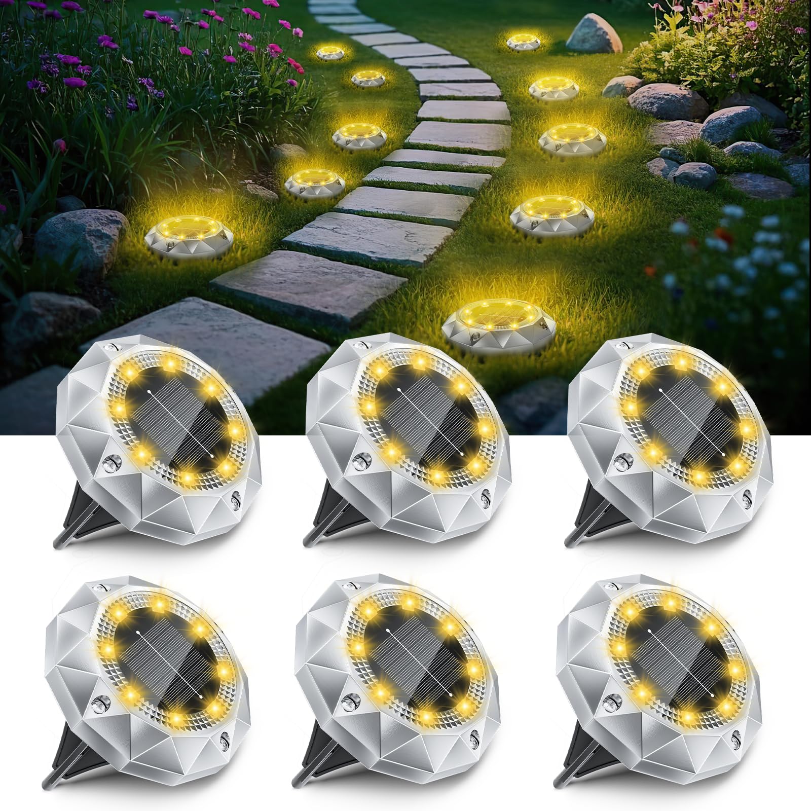 FIFlying 6 Pack Solar Ground Lights Outdoor, IP65 Waterproof Diamond LED Garden Lights - Auto On/Off Pathway Lighting for Driveway, Patio, Lawn & Landscape Decor | 8 Bright LEDs | Warm White