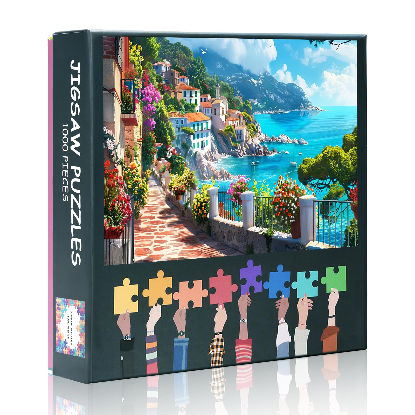 Jigsaw Puzzles 1000-Pieces - Spanish Seaside Village with Vibrant Florals - 20x28 Inch Mediterranean Landscape Art for Adults - Coastal Escape Puzzle with Turquoise Bay & Whitewashed Houses
