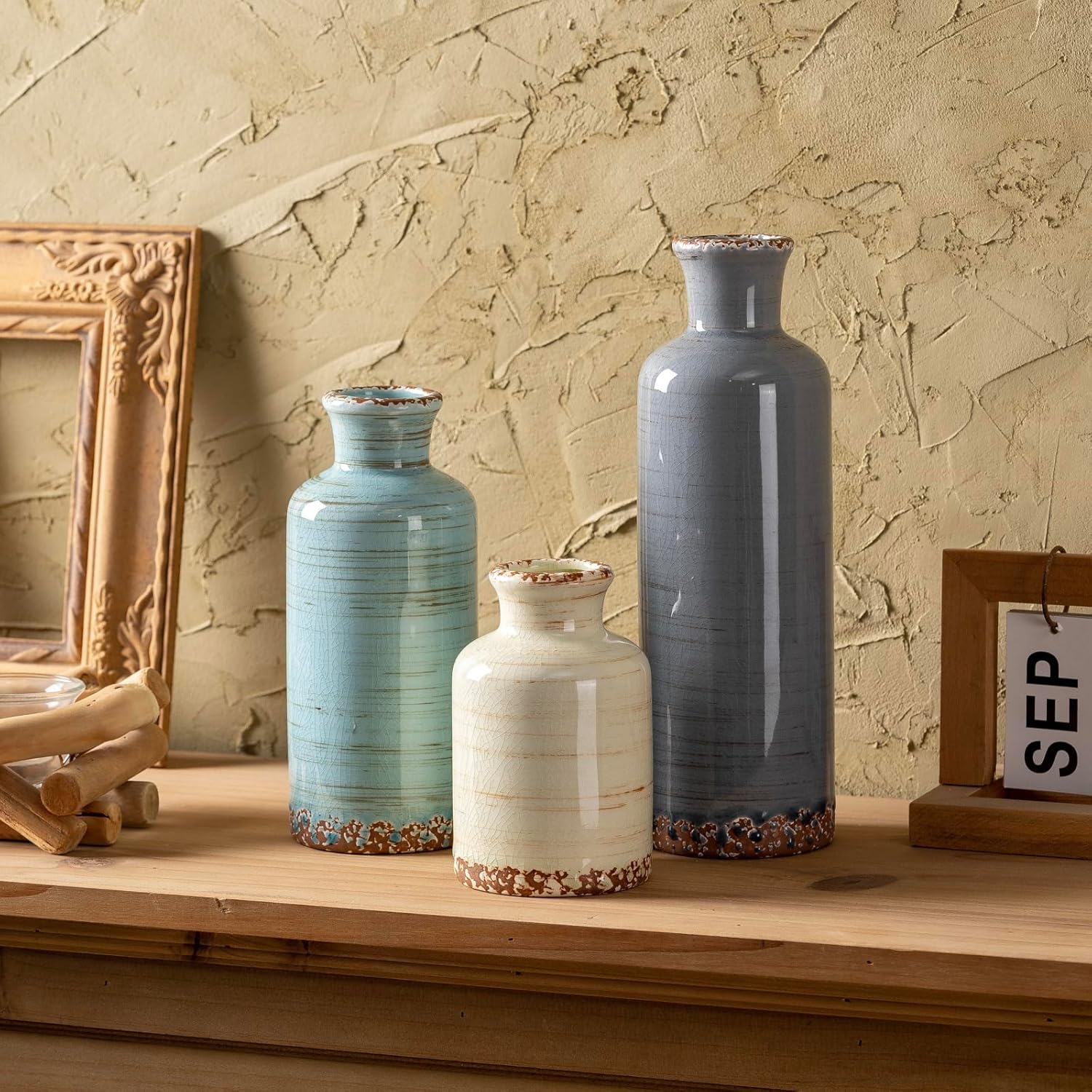 Ceramic Vases Set of 3, Modern Rustic Decorative Flower Vases for Farmhouse Home Decor, Table Shelf Mantel, Living Room, Entryway, Kitchen Centerpiece – Modern Rustic - Image 5