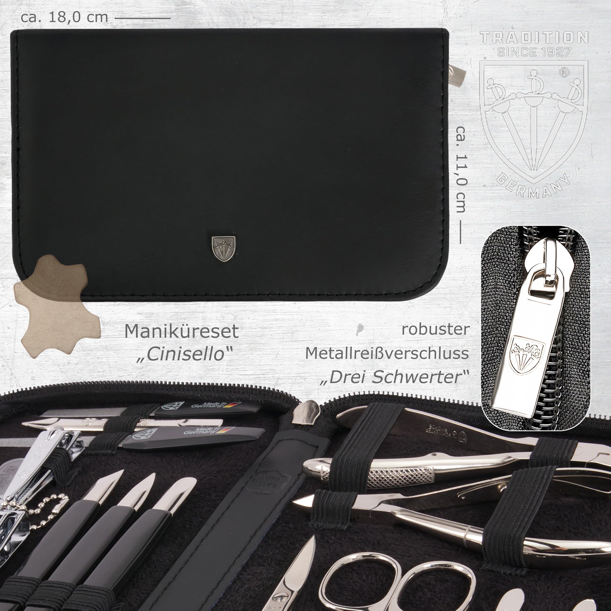 DREI SCHWERTER - 16-tlg. Maniküre Pediküre Set 'Cinisello' hochwertiges Nageletui aus Echtleder für die hand- und Fußpflege Inhalt: Nagelschere, Nagelknipser, Pinzette und vieles mehr!