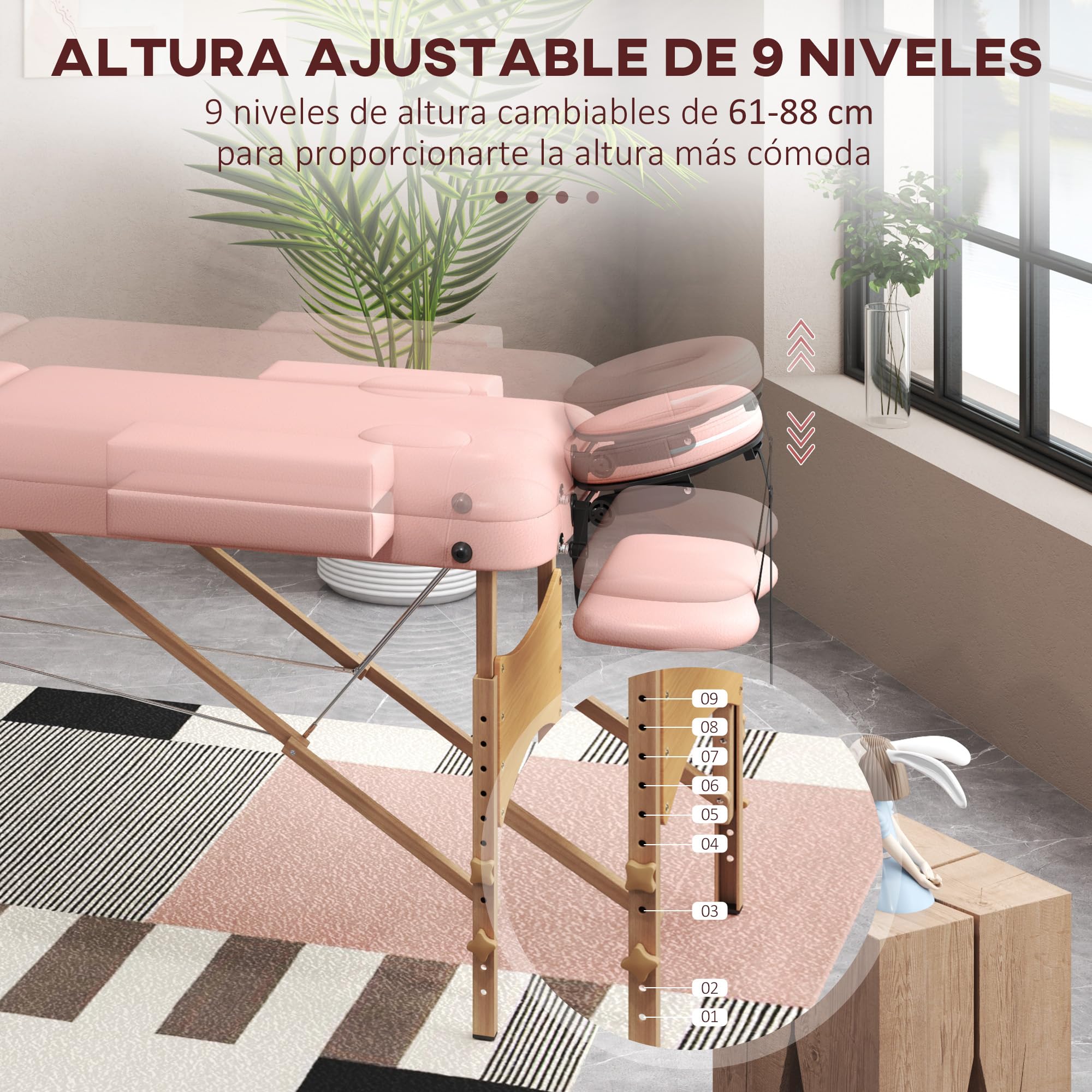 HOMCOM Camilla de Masaje Plegable 210x81 cm Camilla Estética Profesional con Reposacabezas Extraíble 2 Zonas Asa y Marco de Madera con Altura Regulable y Bolsa de Transporte Rosa