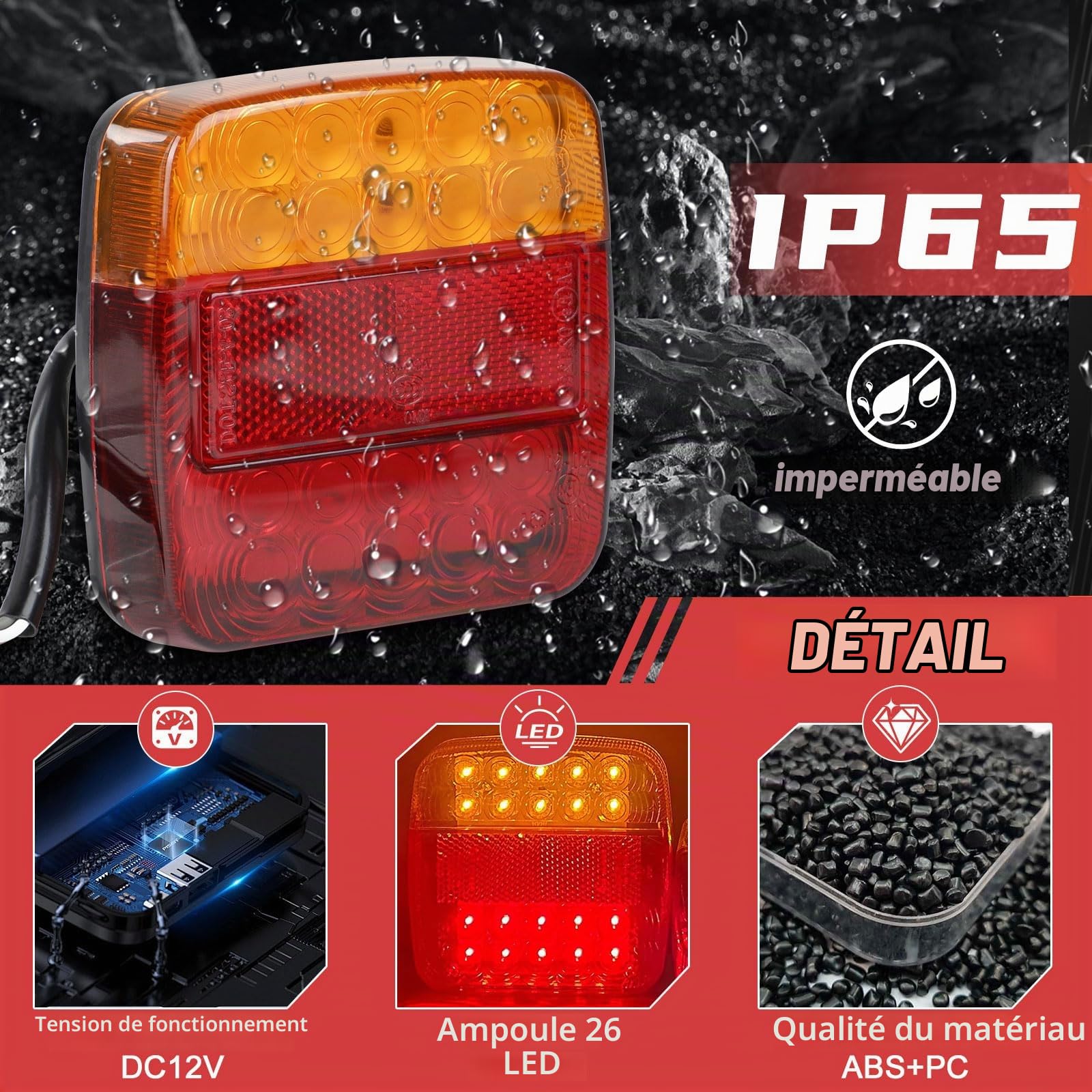 EXLECO 2 X Feux de Remorque LED 12V Feu Arriere Remorque Étanche Feux Arriere Remorque de Lumière Feux Arrière 26 LED Éclairage Remorque LED avec ECE E-Mark LED Feux Remorque pour Camion Tracteur