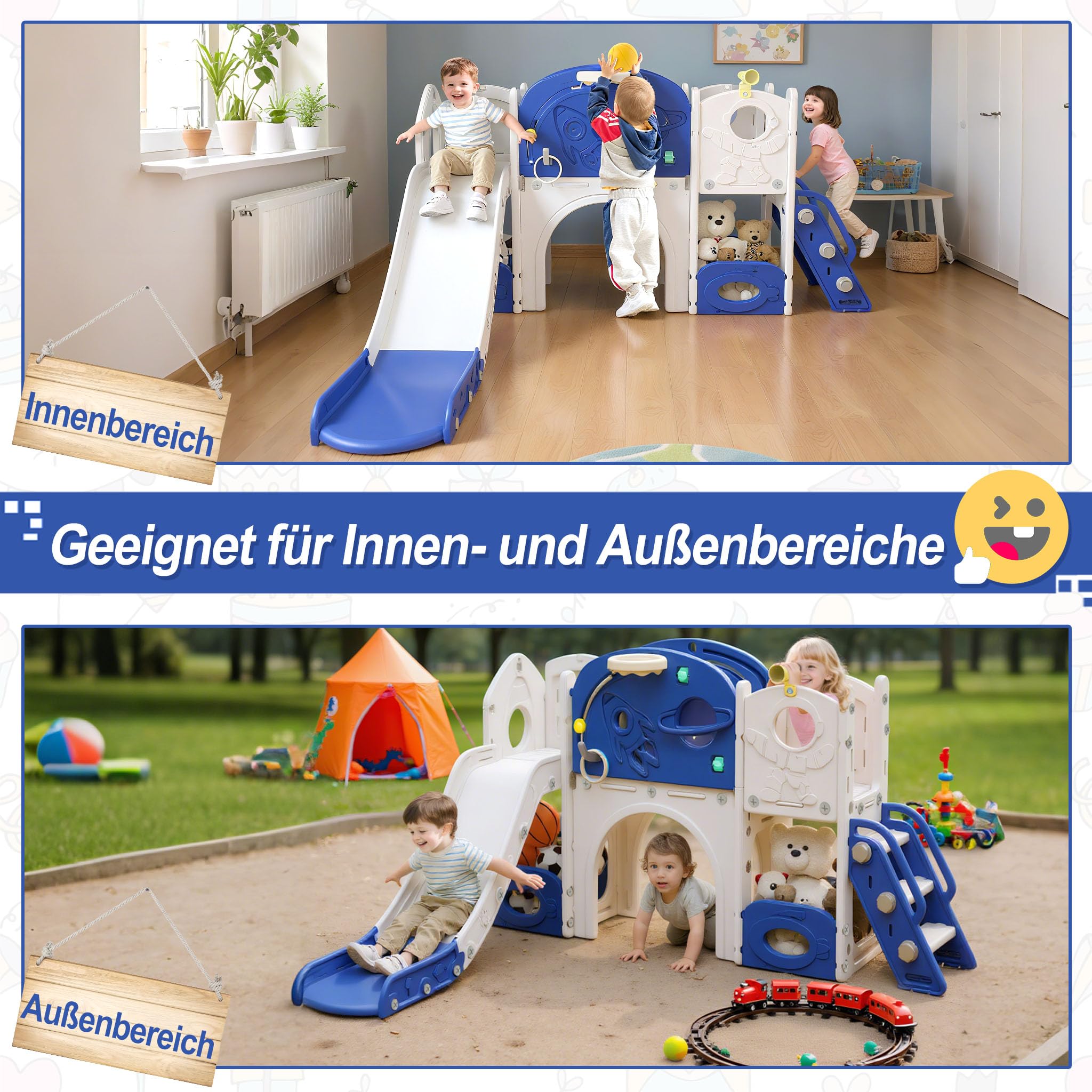Aufun 5-in-1 Kinderrutsche für Kleinkinder, Multifunktionales Spielset mit Rutsche, Basketballkorb, Tunnel, Stauraum, Kletterleiter, Werkzeugfreie Montage, Stabil Freistehenderutsche Spielzeug