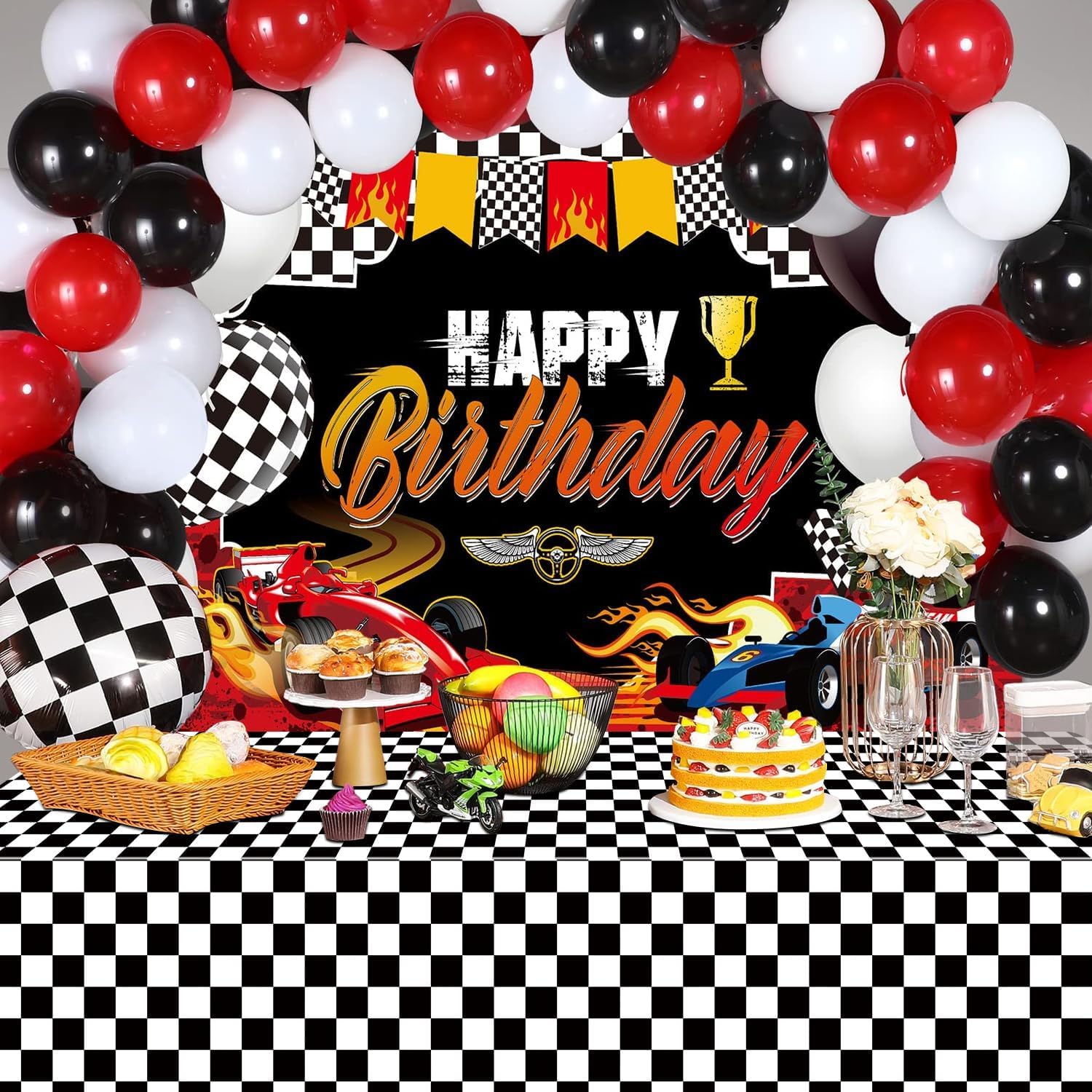 Rennwagen-Partydekorationen – 3 Tischdecken + 8 Folienballons Mit Kariertem Rennstrecken-Design