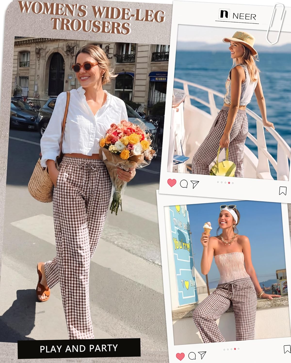 Neer Women's Striped Gingham Pants Cotton Plaid Pajama Lounge Boxer Pants Drawstring Pj Bottoms Wide Leg Trousers with Pocket - Image 2