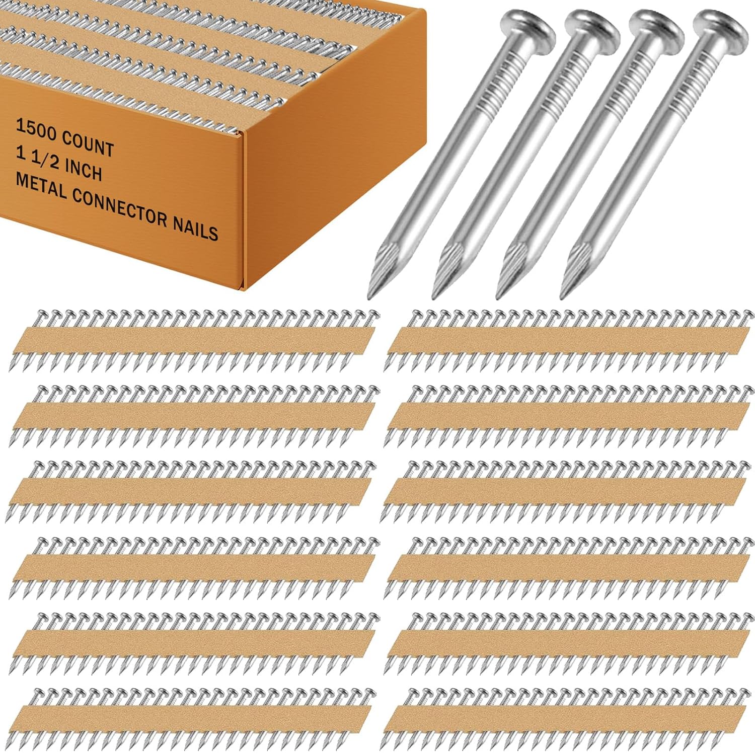 Zonon 1500 Count 1 1/2 Inch Metal Connector Nails Galvanized Joist Hanger Nails 34 Degree Paper Tape Collated Full Round Head Smooth Shank for Metal Connector Nailer (0.131 Inch)