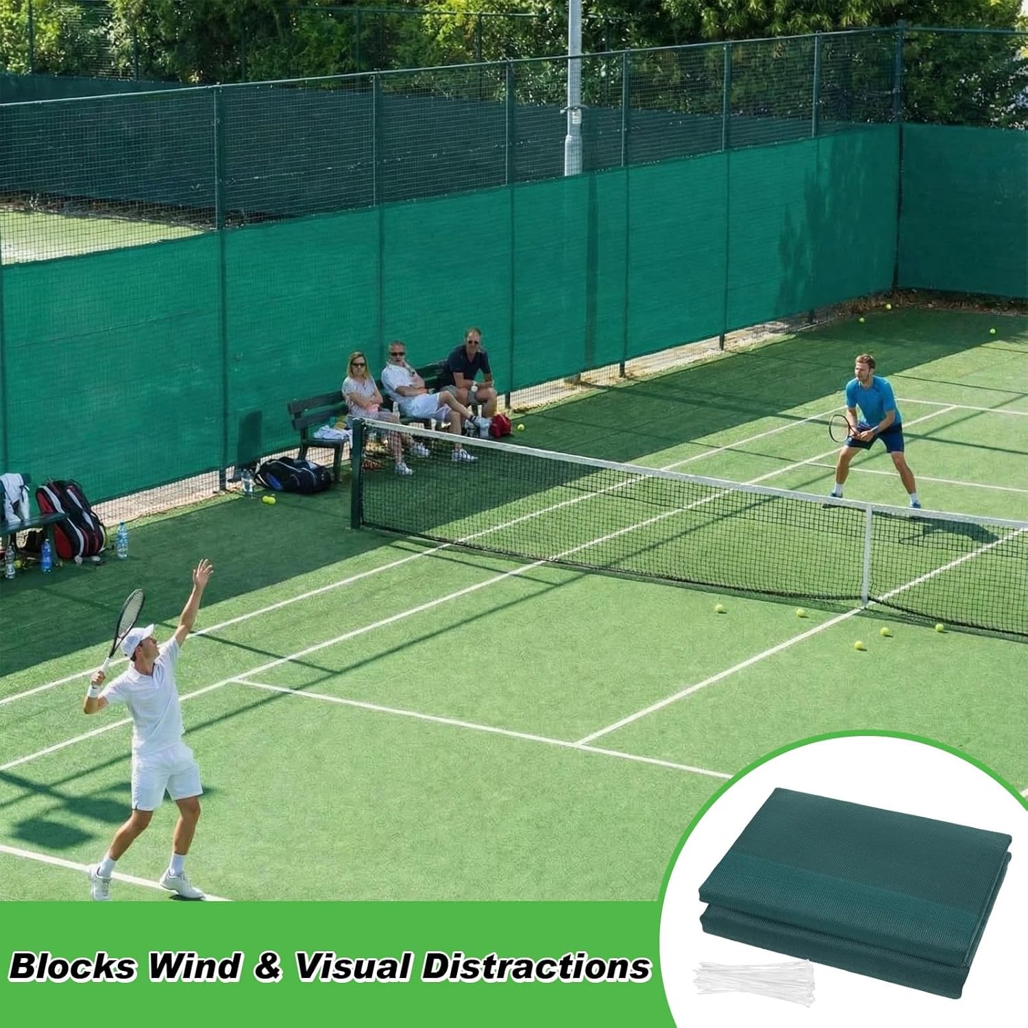 Tennis Court Windscreen Privacy Screen 6' x 40', 90% Shade Hdpe Fence Privacy Screen with Grommets & Zip Ties, Heavy Duty Wind Blocker Fence Cover for Tennis Court, Backyard, Patio, Garden (Green)