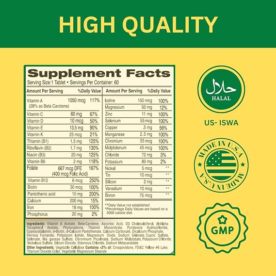 Greenfield Nutritions Halal Multivitamins for Women and Men - 60 Gelatin Free Multivitamin Tablets with 27+ Vitamin Minerals, A, B12, C, D3, Iron and Zinc - Supports Immunity, Bone and Overall Health