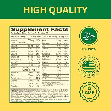 Greenfield Nutritions Halal Multivitamins for Women and Men - 60 Gelatin Free Multivitamin Tablets with 27+ Vitamin Minerals, A, B12, C, D3, Iron and Zinc - Supports Immunity, Bone and Overall Health