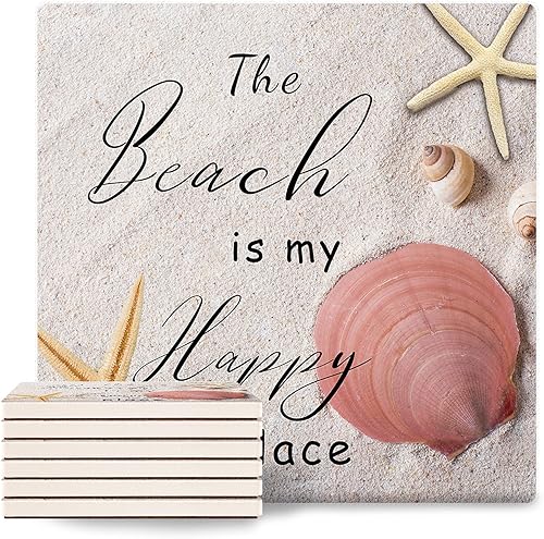 Coasters Set of 6 Ceramic Stone Coasters Drink Coasters, The Beach is My Happy Place Summer Seaside Absorbent Non Slip Decorative Coasters for