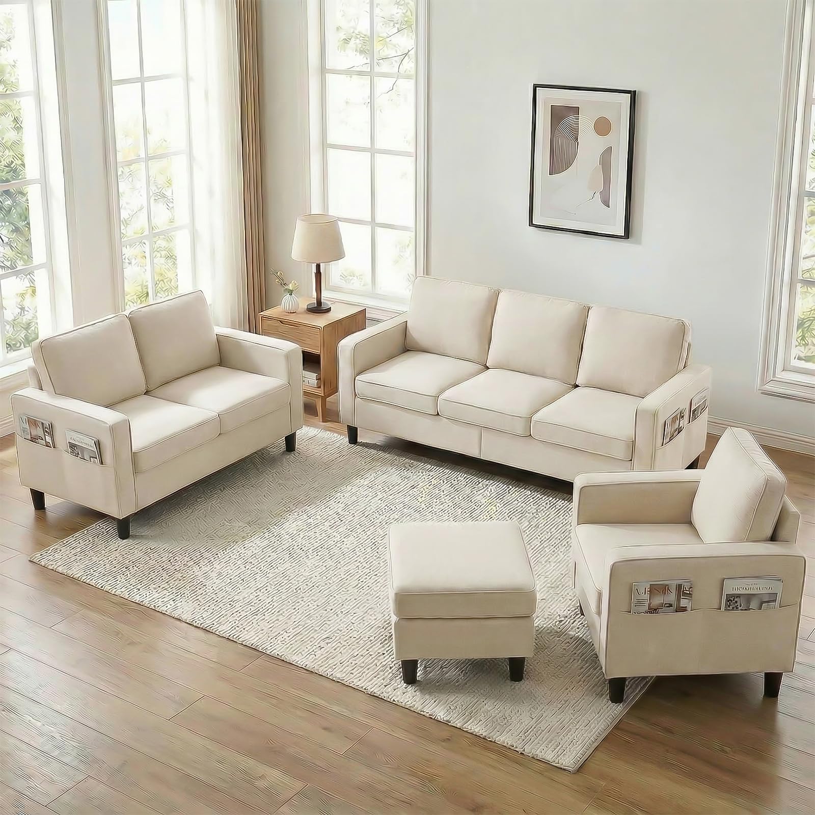 Mjkone 78" Width 4 Pieces L Shaped Sectional Sofa Couches Set for Living Room Sets Furniture, 3-Seater Sofas Couch and Loveseat Set with Armchair and Storage Ottoman for Home Office Apartment, Beige