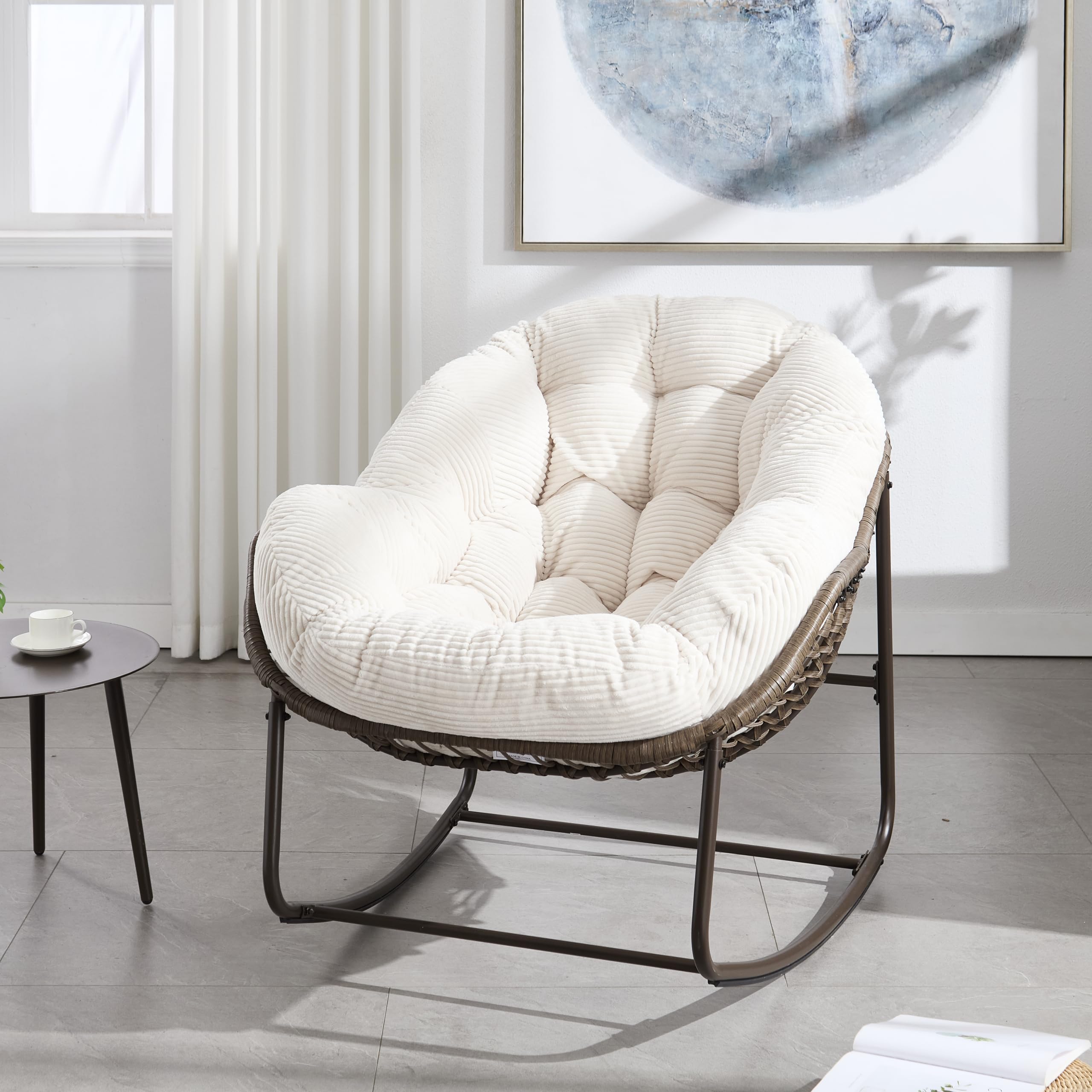 Generisch Rattan fotel bujany, biały, ręcznie tkany, tapicerowany z oparciem, nośność 113 kg, ergonomiczny fotel bujany do ogrodu, na taras, do salonu, przedniego wejścia
