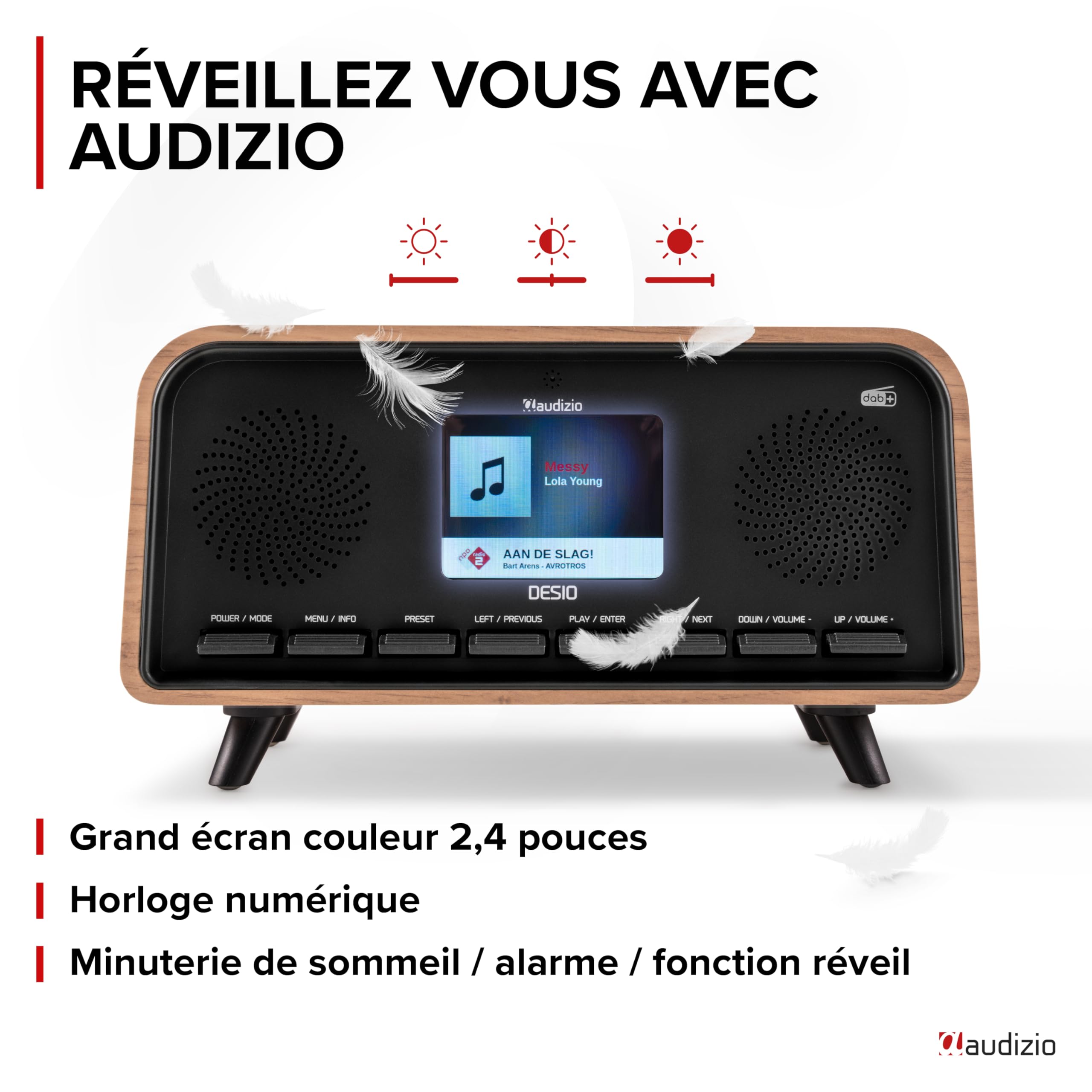 Audizio Desio Radio Dab/Dab+/FM avec BT 5.0, Écran Couleur 2,4", Port USB et Entrée AUX 3,5 mm, Design Rétro Couleur Chêne, Alarme et Minuterie, Idéale pour Salon, Cuisine ou Chambre