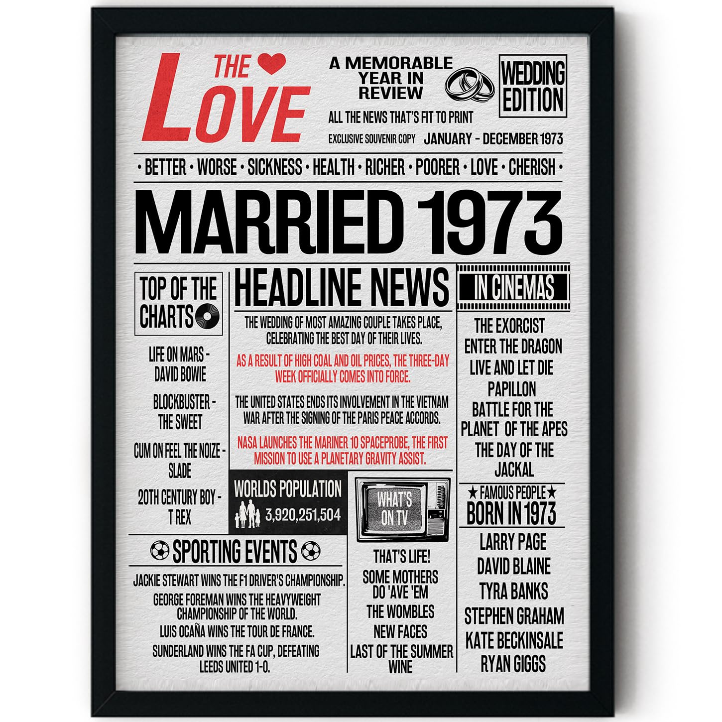 Stuff4 53rd Anniversary Poster Framed - Married In 1973 Newspaper - Happy 53rd Wedding Anniversary for Men Women Vintage Gifts Retro Back In 1973, 8x10 Inch Anniversaries Posters