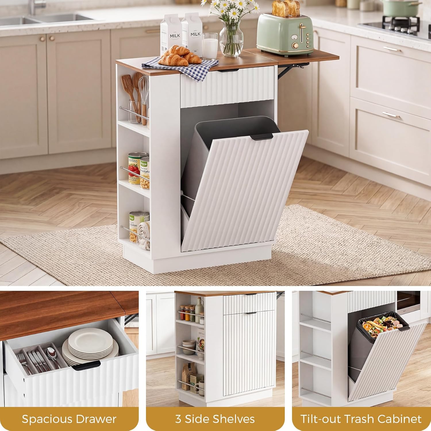 10 Gallon Tilt-Out Trash Can Cabinet with Drop Leaf, Drawer and 3 Side Shelves, Hidden Kitchen Island Storage, White.
