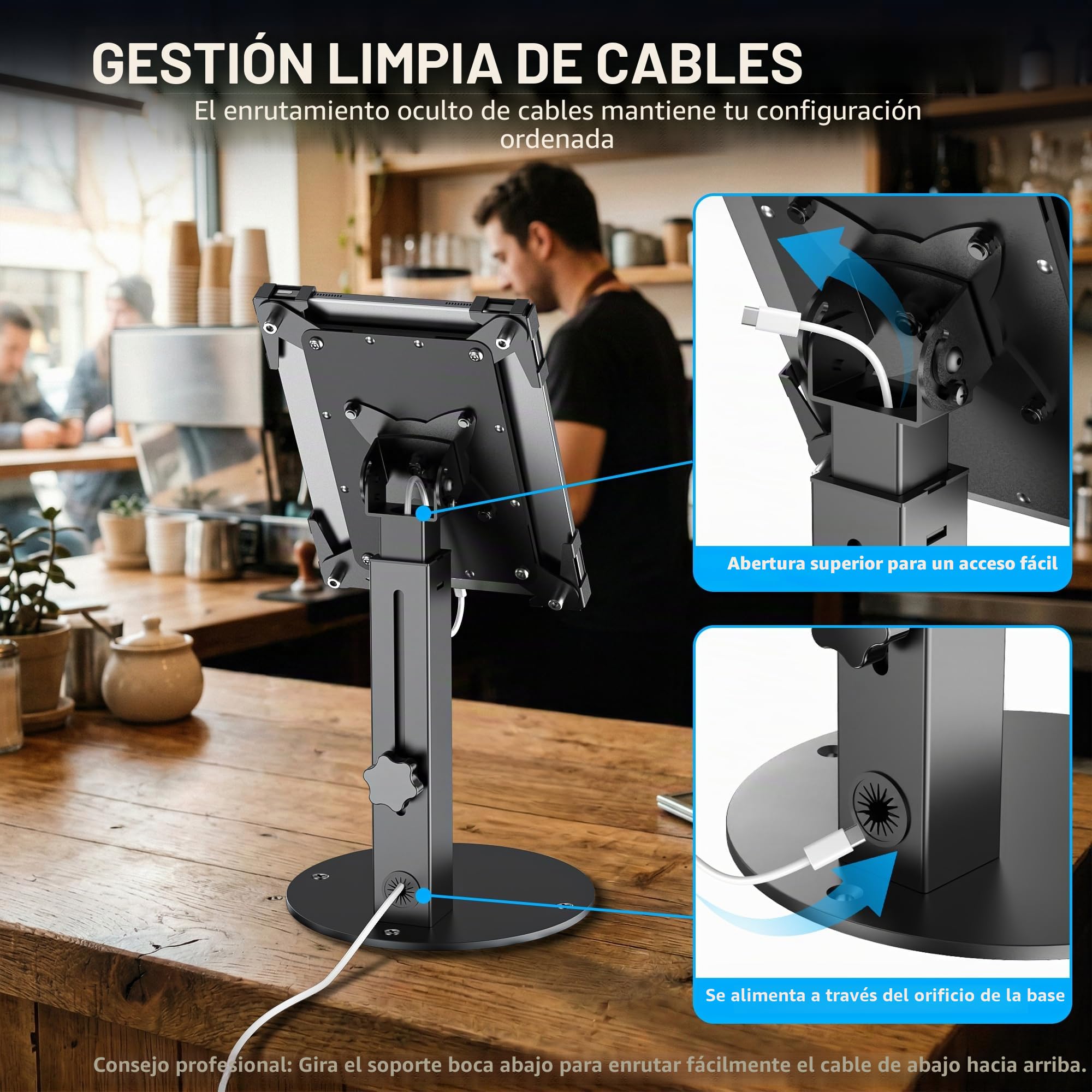 Soporte Antirrobo Kiosco Para Tablet De 10"-14" iPad Pro Air Y Samsung, Montaje TPV De Mostrador Seguro De Acero Resistente Para Negocios Y Tiendas Comerciales, Altura Ajustable, Rotación 360°, Negro