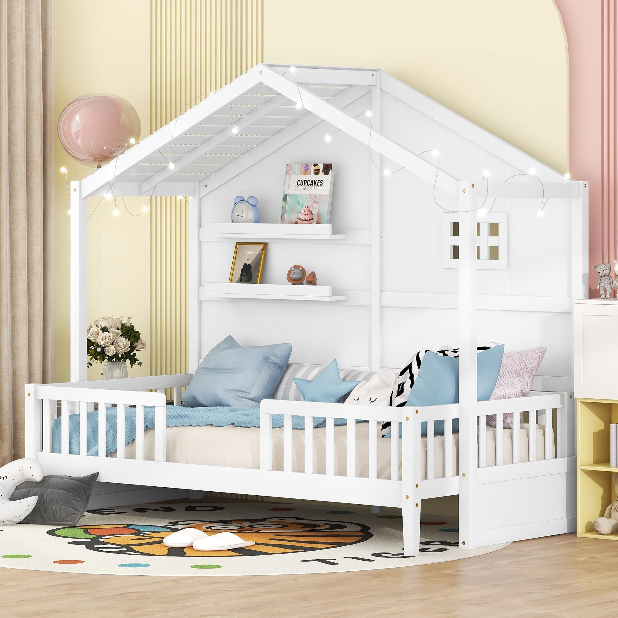 Twin Size House Bed with Shelves, House Bed with Window and Sparkling Light Strip on The Roof, White