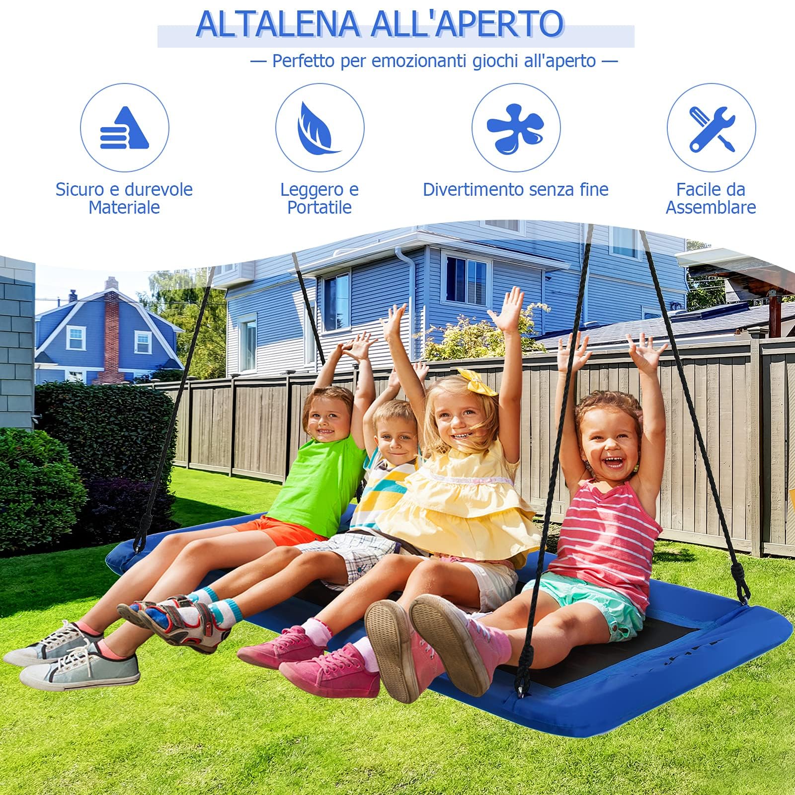GYMAX Altalene da Giardino per 2-3 Bambini, Sedia Sospesa Grande, Altezza Regolabile, in Tessuto Oxford, Telaio Metallico, Resistente e Impermeabile, Facile da Montare (Blu-1)