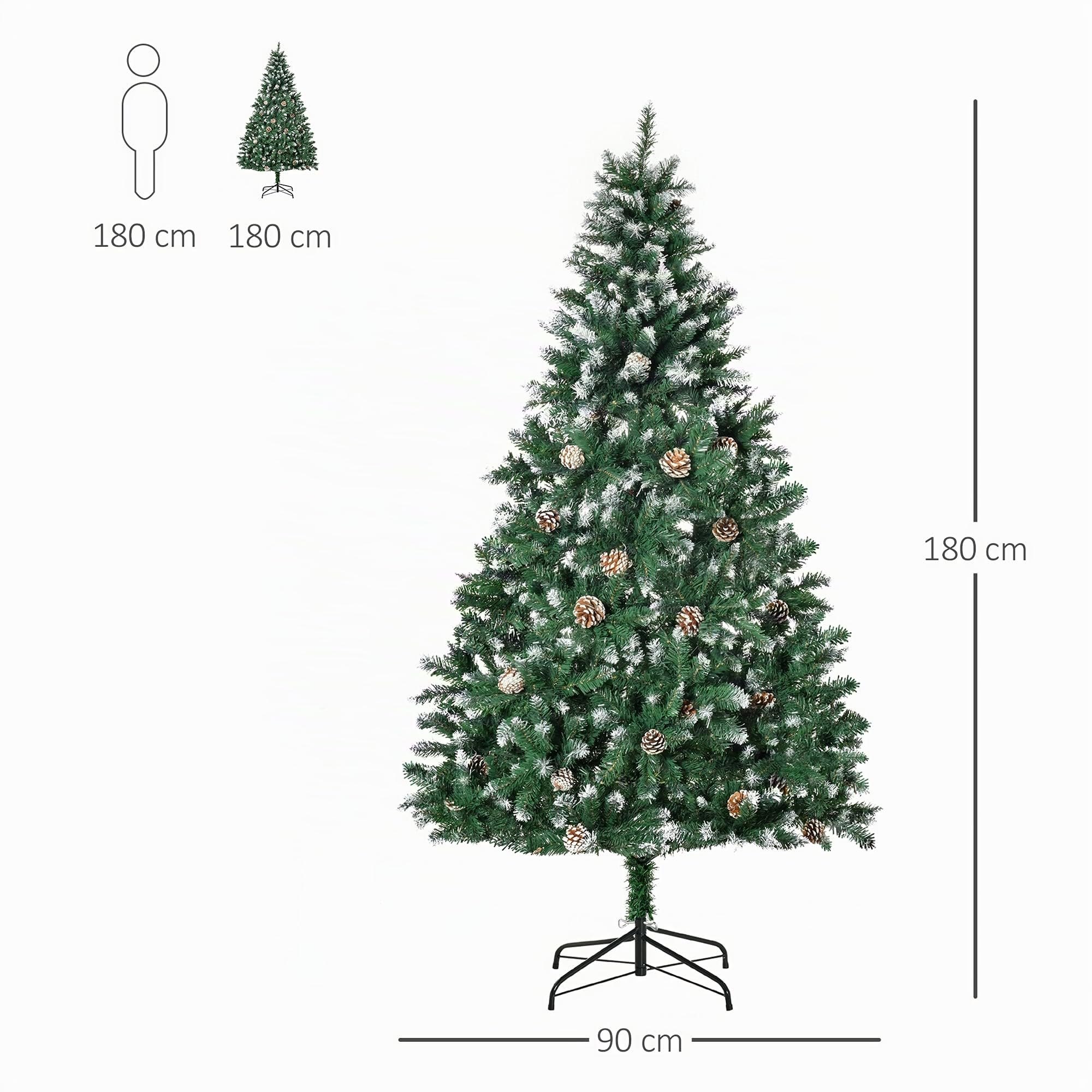 HOMCOM Künstlicher Weihnachtsbaum 180 cm Kieferbaum mit 59 Zapfen Schnee | 1111 Spitzen, Christbaum, Weihnachtsdeko, Inkl. Metallständer, für drinnen