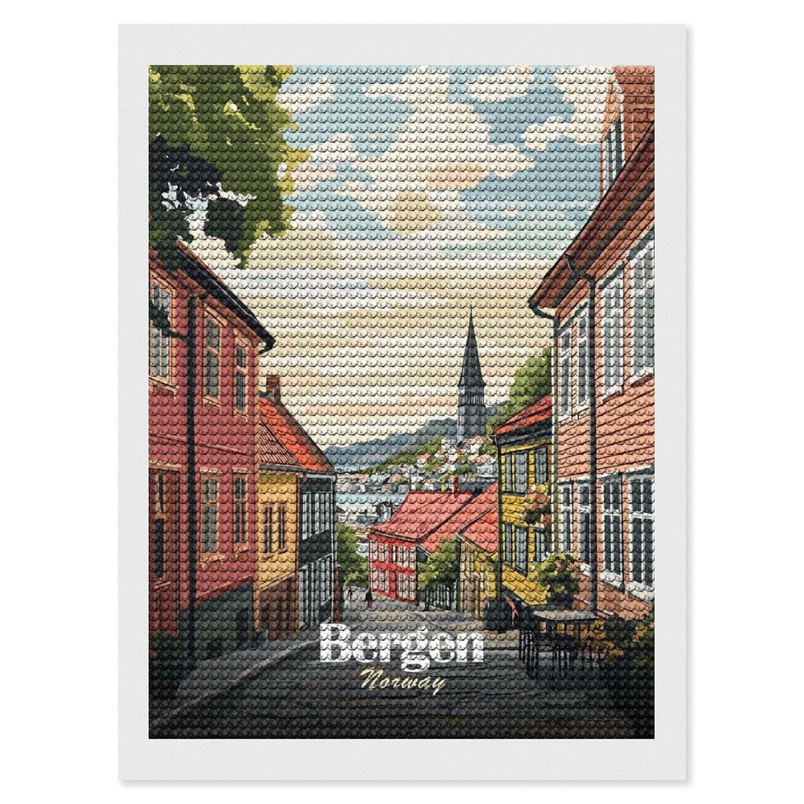 Junmoney Bergen, Norway Street View Illustration Diamond Painting Set 12"x16", Sparkling Round Gems, Decorate Your Room, Fun Craft Experience, Modern Decor
