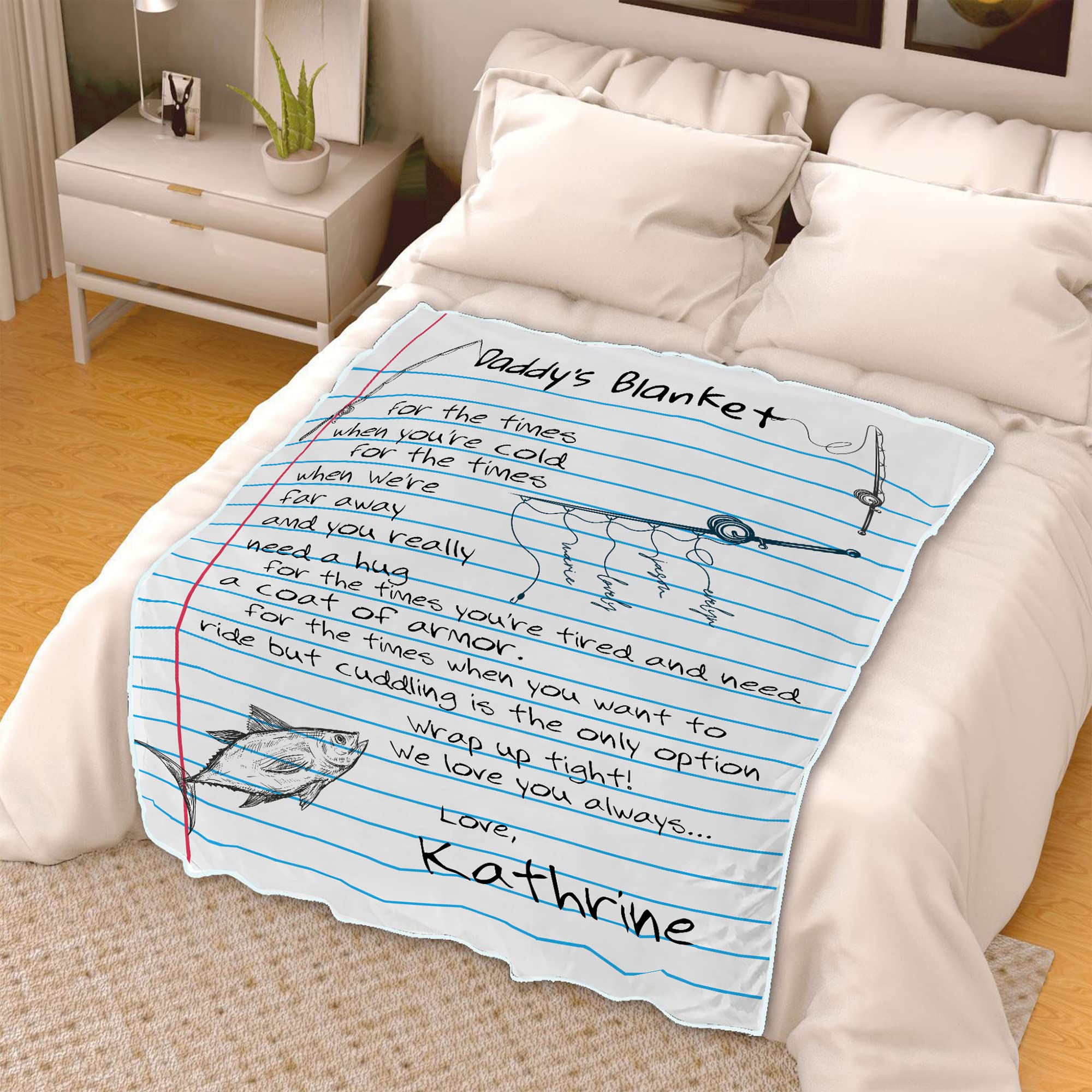Manta personalizada con nombre de pesca, regalo para padre, papá, papá, manta con nombre personalizado, manta de nombre de miembros de la familia, manta de forro polar suave, manta de pescador, manta