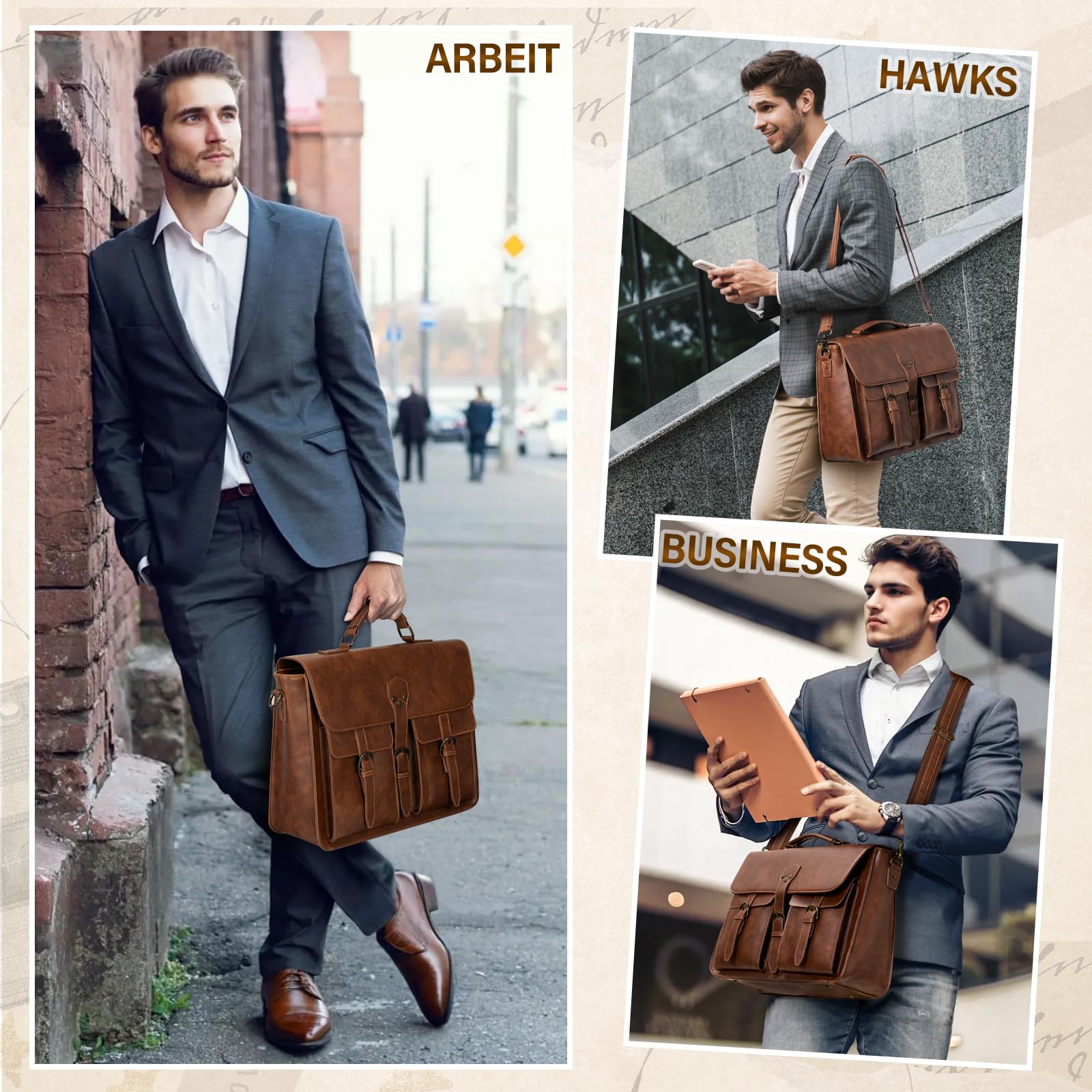 RAINSMORE Bolso Bandolera Hombre Cuero Bolsa de Mensajero Maletin Vintage 15.6 Pulgadas Marrón
