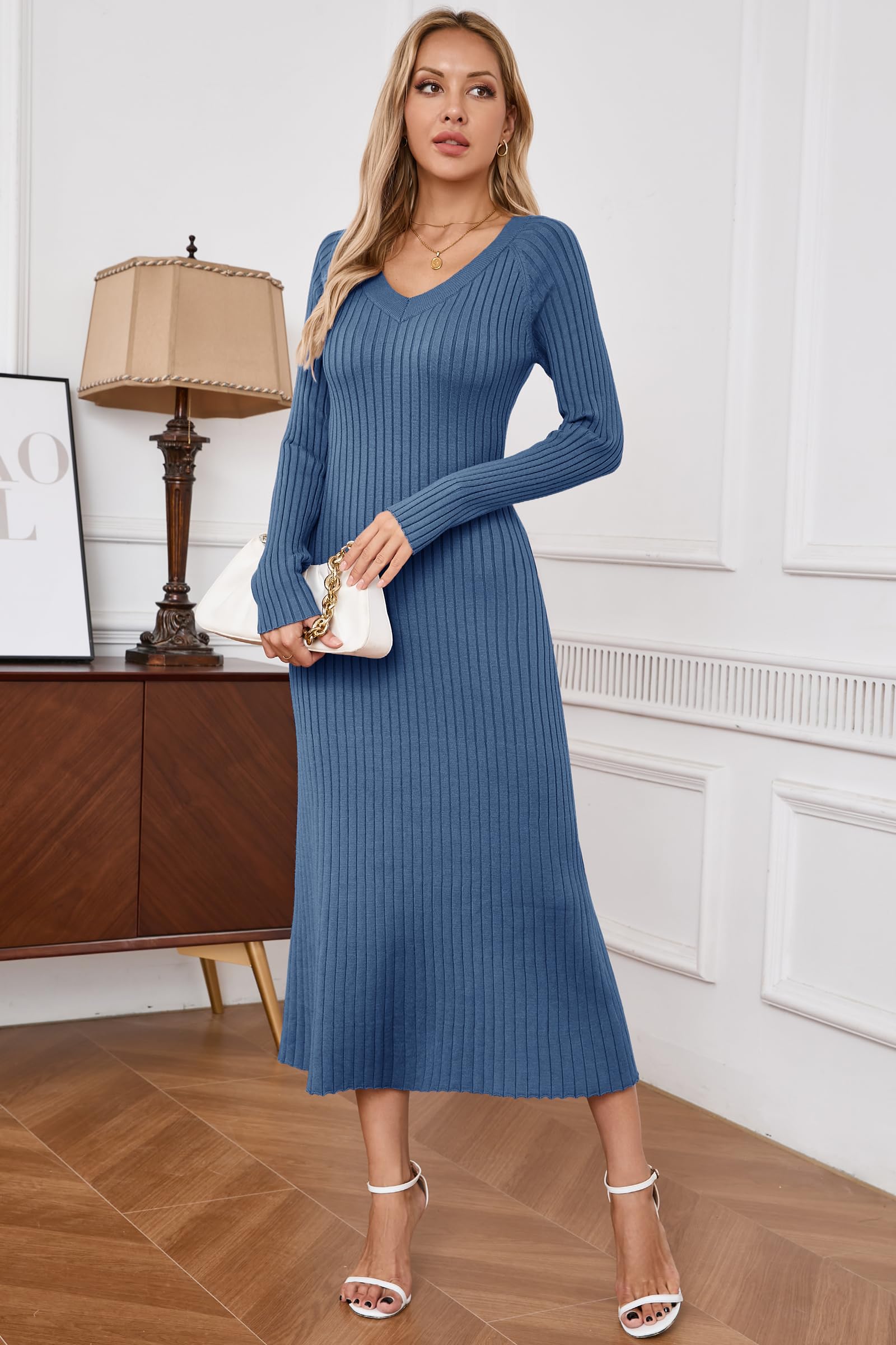 Arach&Cloz Vestido de Punto para Mujer con Cuello en V, Vestido de otoño Invierno, Vestido Jersey de Manga Larga, Vestido ceñido