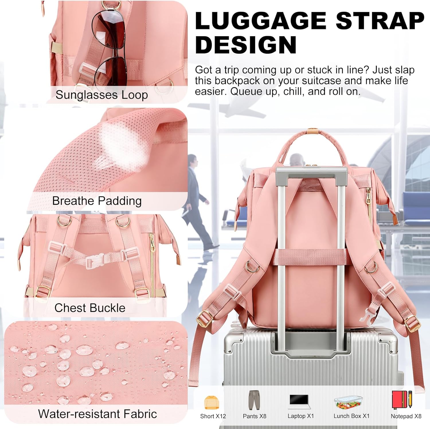 Lunch Backpack, 15.6 inch Laptop Backpack with Insulated Lunch Bag, Backpack Cooler for Women, Large Travel Backpack Lunch Box Compartment, Work Computer Backpack, Teacher College Book Bag, Pink - Image 4