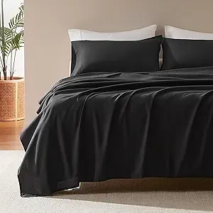 SLEEP ZONE Nanotex Super Soft Cooling Queen Bed Sheets Set 4 Piece - Easy Care Fitted Flat Sheet & Pillowcase Sets - Wrinkle Free, Fade Resistant, Deep Pocket 16" (Black, Queen)