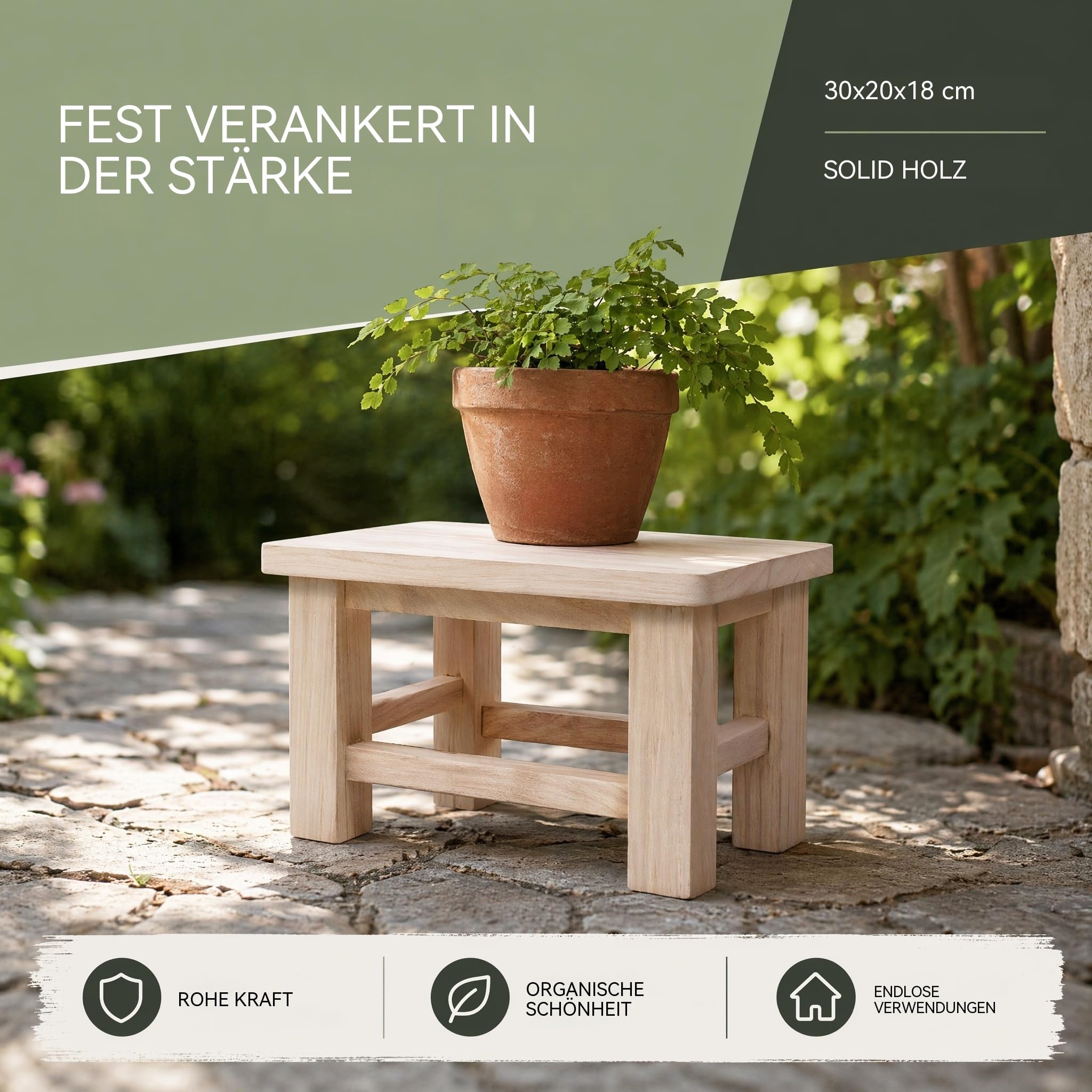 UKCOCO Holzhocker Massivholz 30×20×18 cm – Stabiler Tritthocker für Kinder & Erwachsene zum Händewaschen, Zähneputzen & Schuhwechsel – für Bad, Küche, Flur & als Blumenhocker | Für Bad & Küche, ideal für Kinder zum Zähneputzen, praktisch beim Schuhwechsel