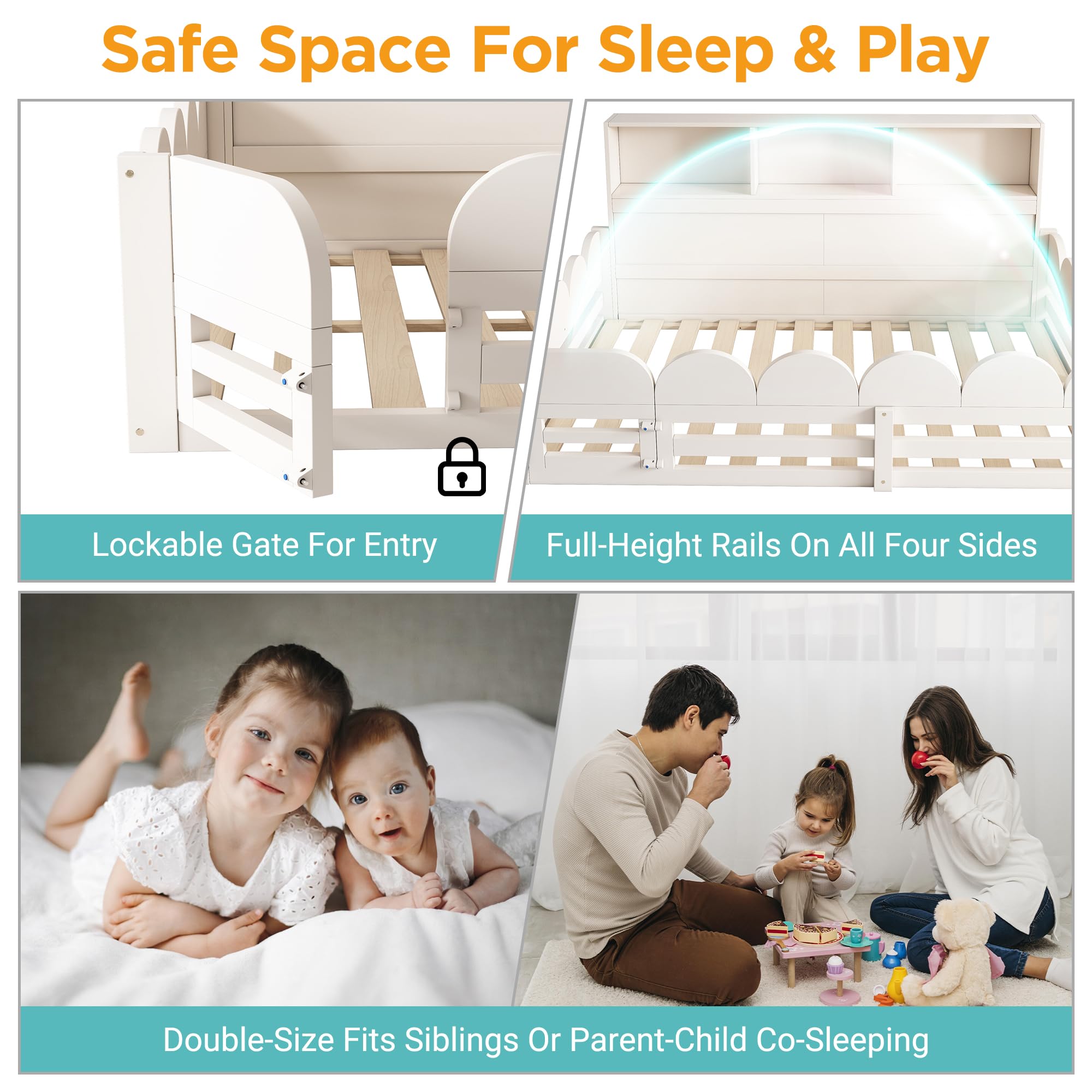 Montessori Letto a Terra per Bambini 140x200cm con Mensola, Protezione Anticaduta e Sportello, Letto Piazza e Mezza per Bambini, Strutture letto in legno di Pino per Cameretta ragazzi (Senza Materasso