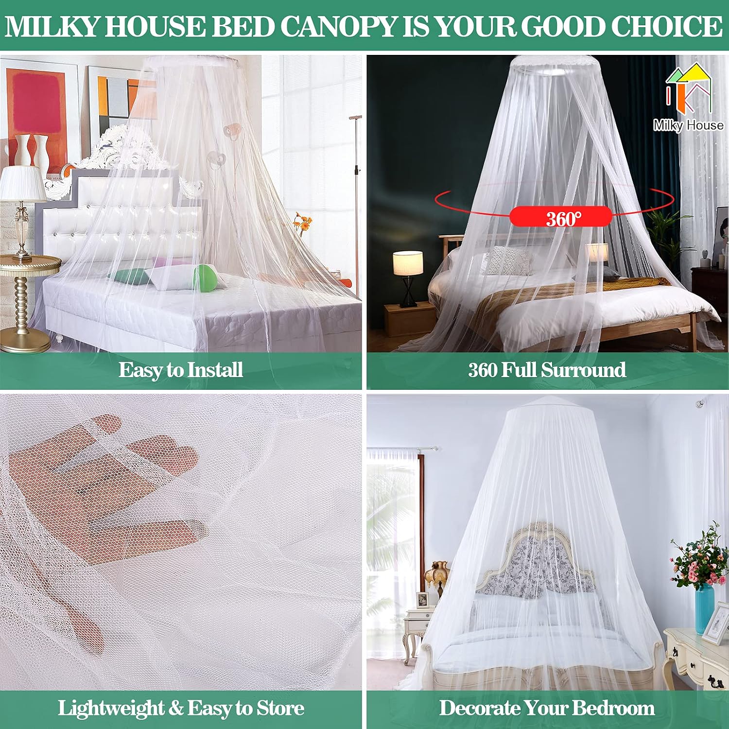 Bed Canopy, Princess Bed Curtain Net for Single to King Size, Canopy Bed Curtains Round Lace Dome Cover for Girls Boys Adults, Bedroom Decoration Bed Canopy with Strong Sticky Hook Easy Install, White